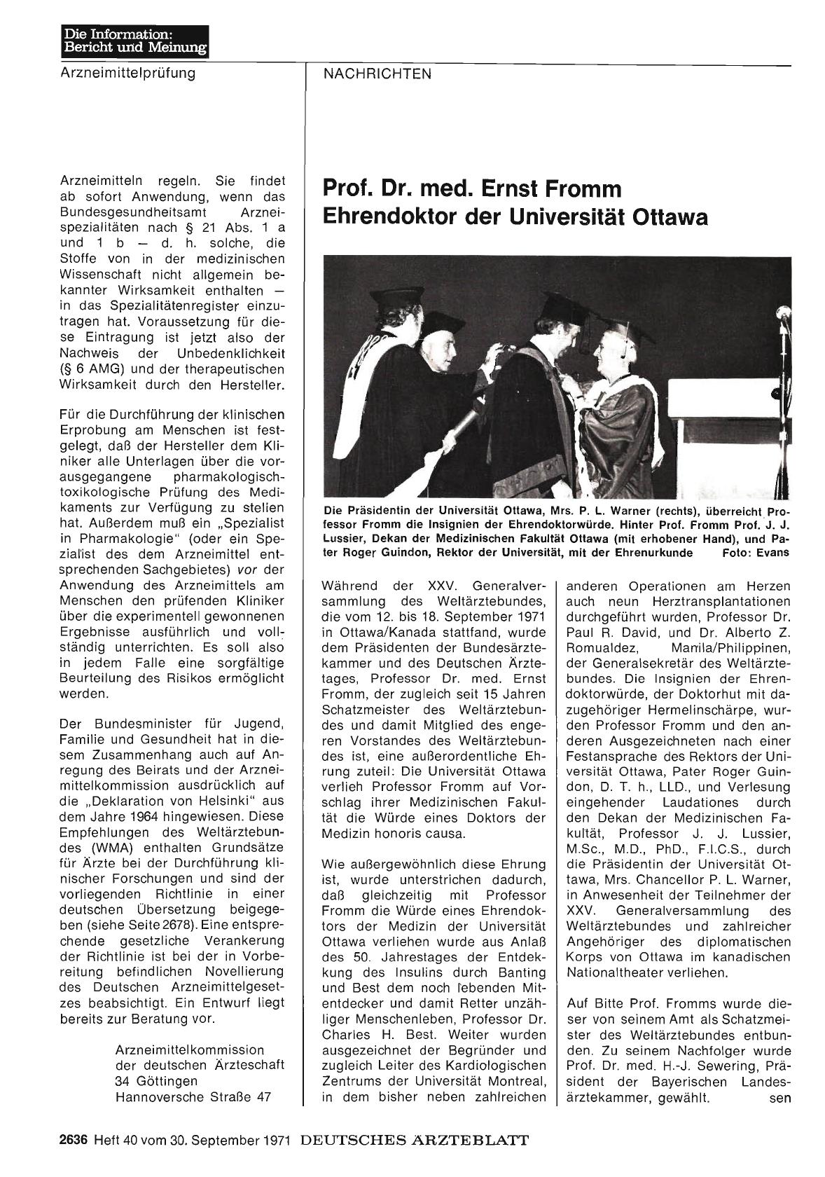 Vorschauseite 1: Prof. Dr. med. Ernst Fromm: Ehrendoktor der Universität Ottawa