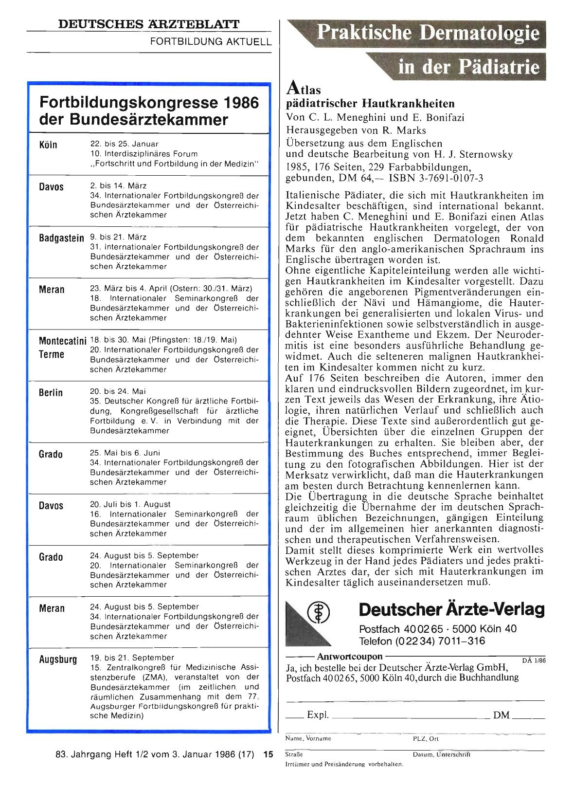 Vorschauseite 1: Fortbildungskongresse 1986 der Bundesärztekammer