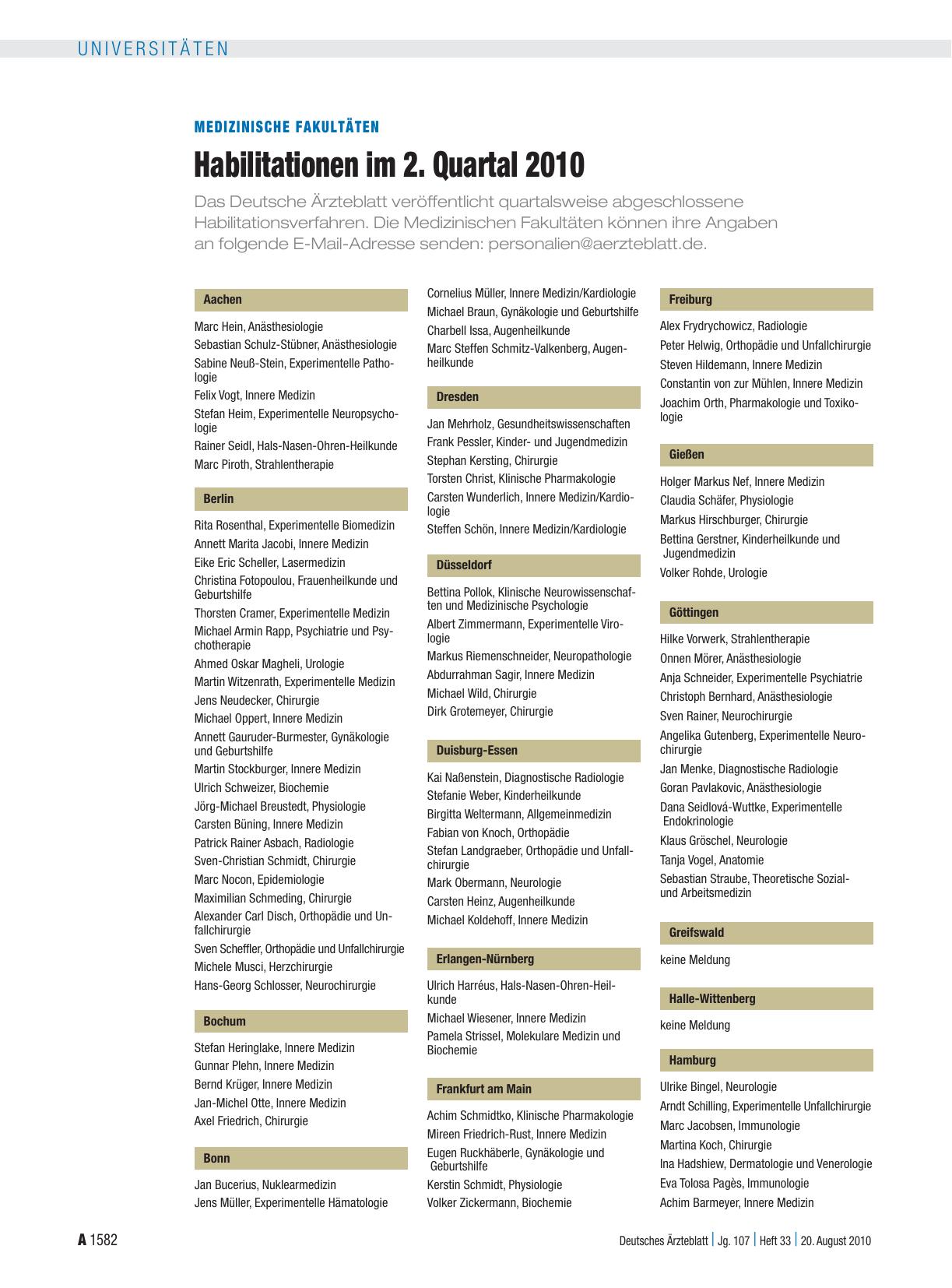 Vorschauseite 1: Medizinische Fakultäten: Habilitationen im 2. Quartal 2010