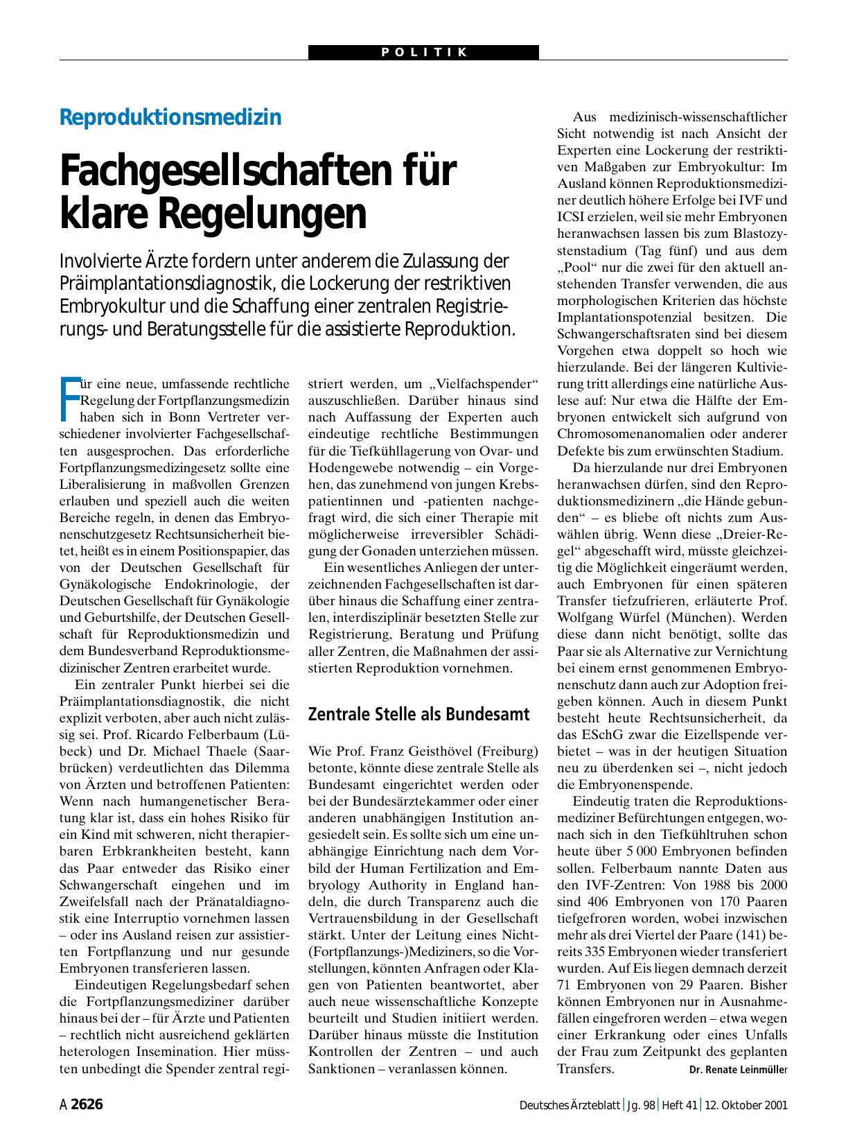 Vorschauseite 1: Reproduktionsmedizin: Fachgesellschaften für klare Regelungen