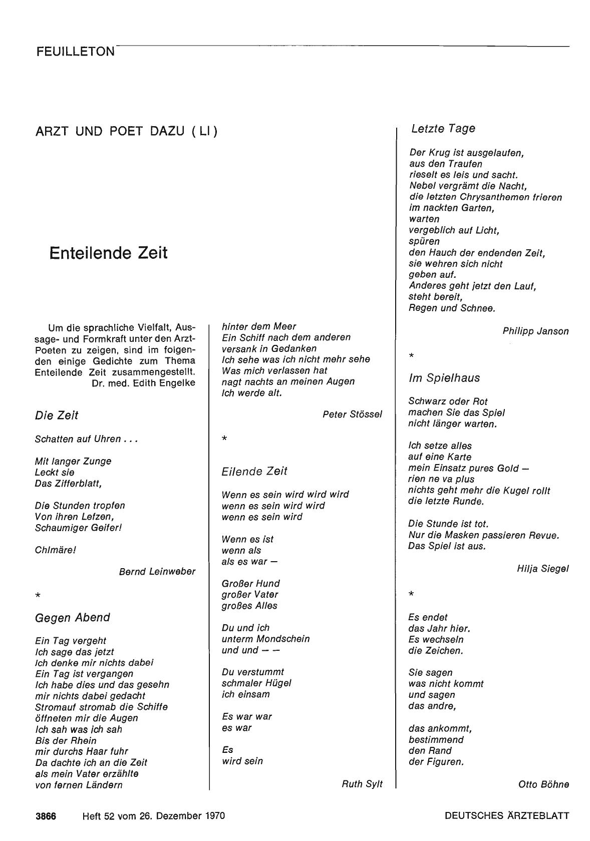 Vorschauseite 1: Arzt — und Poet dazu (LI): Enteilende Zeit