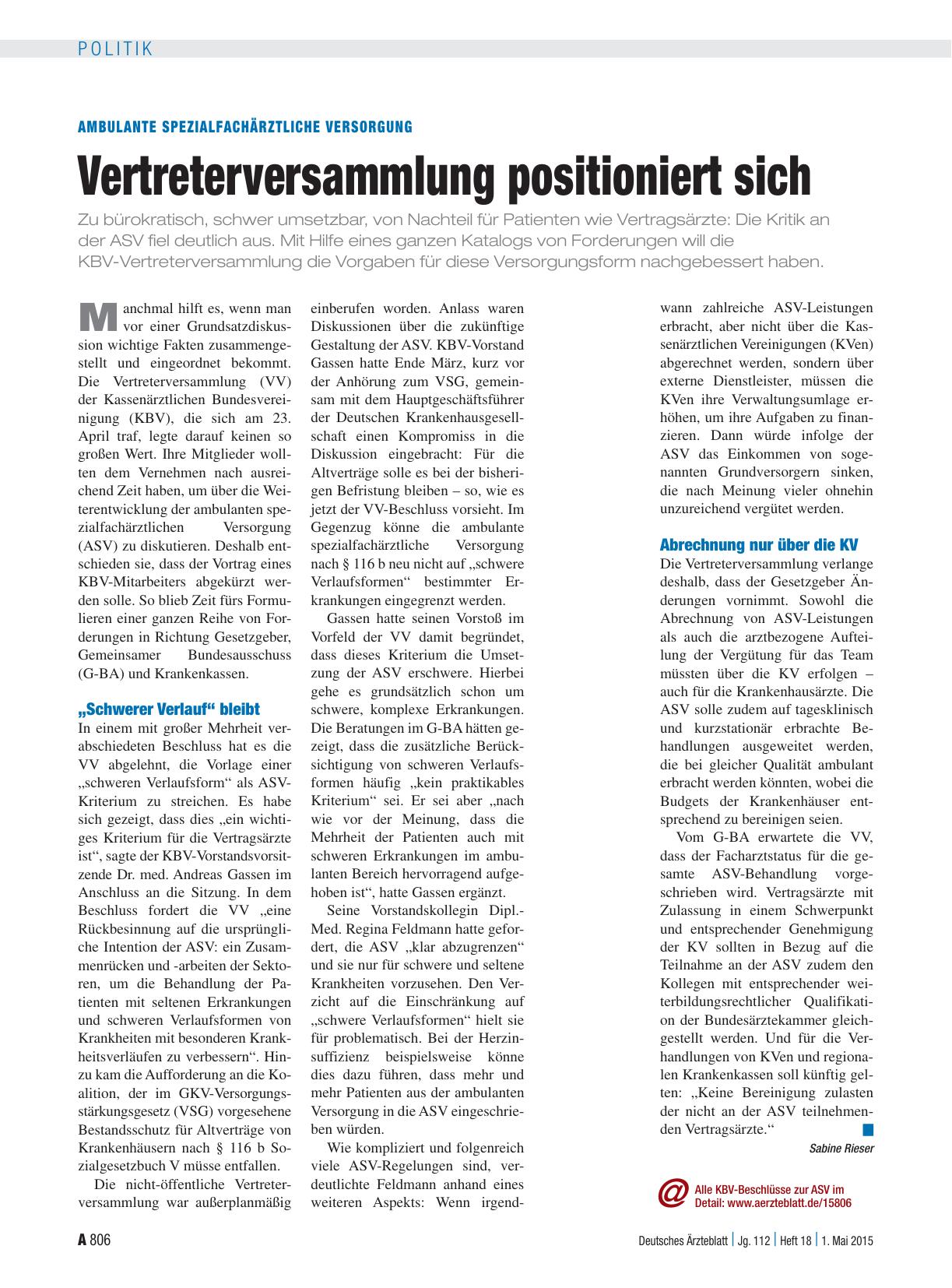 Vorschauseite 1: Ambulante spezialfachärztliche Versorgung: Vertreterversammlung positioniert sich