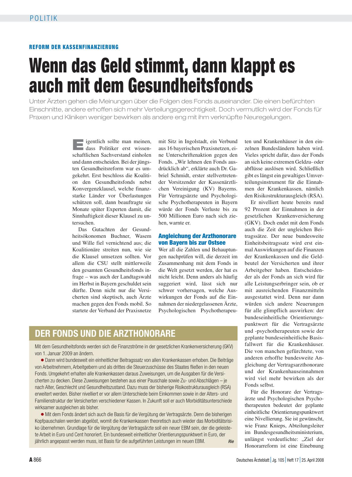 Vorschauseite 1: Reform der Kassenfinanzierung: Wenn das Geld stimmt, dann klappt es auch mit dem Gesundheitsfonds