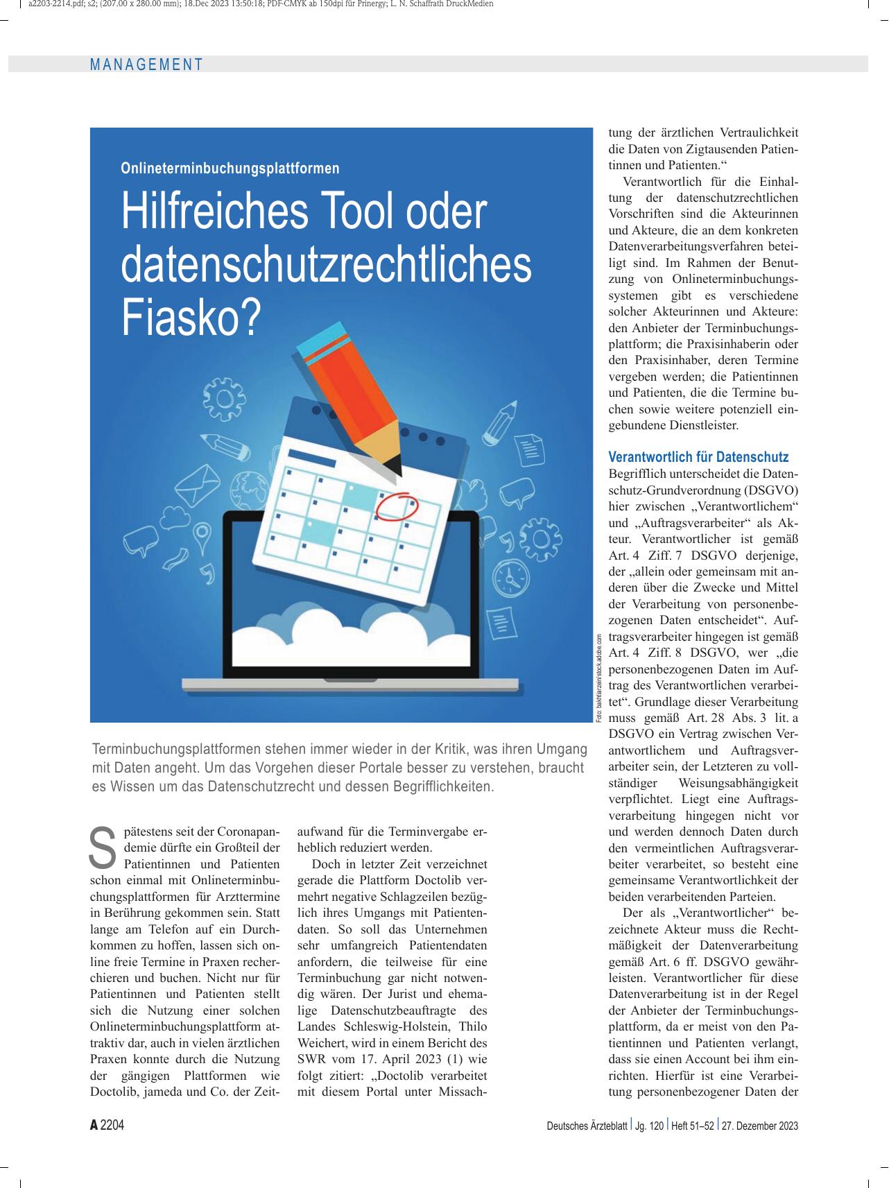 Vorschauseite 1: Online-Terminbuchungsplattformen: Hilfreiches Tool oder datenschutzrechtliches Fiasko?