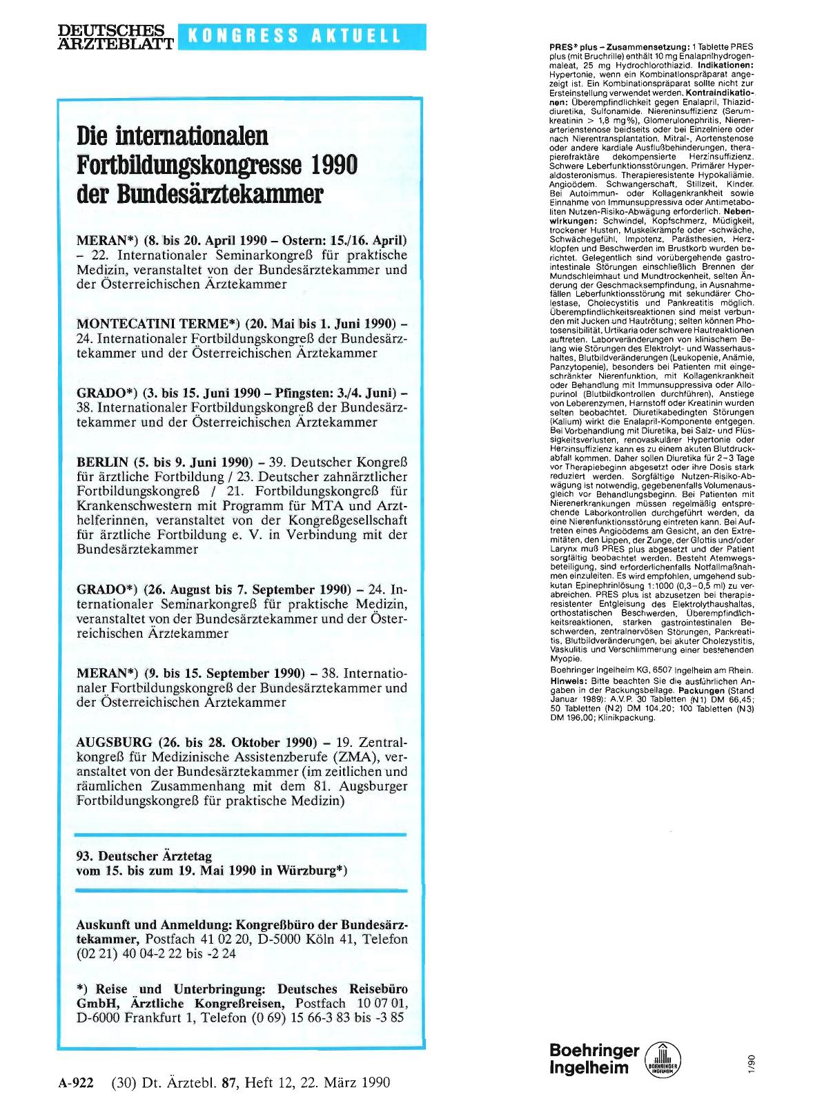 Vorschauseite 1: Die internationalen Fortbildungskongresse 1990 der Bundesärztekammer