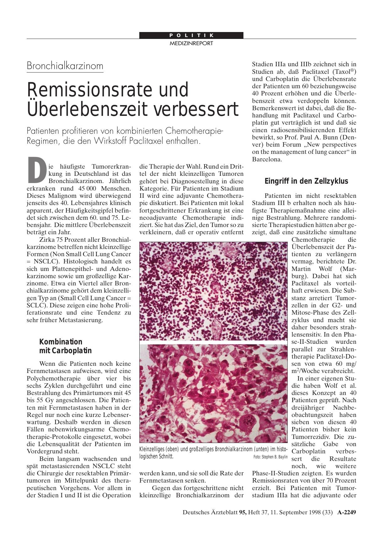 Vorschauseite 1: Bronchialkarzinom: Remissionsrate und Überlebenszeit verbessert