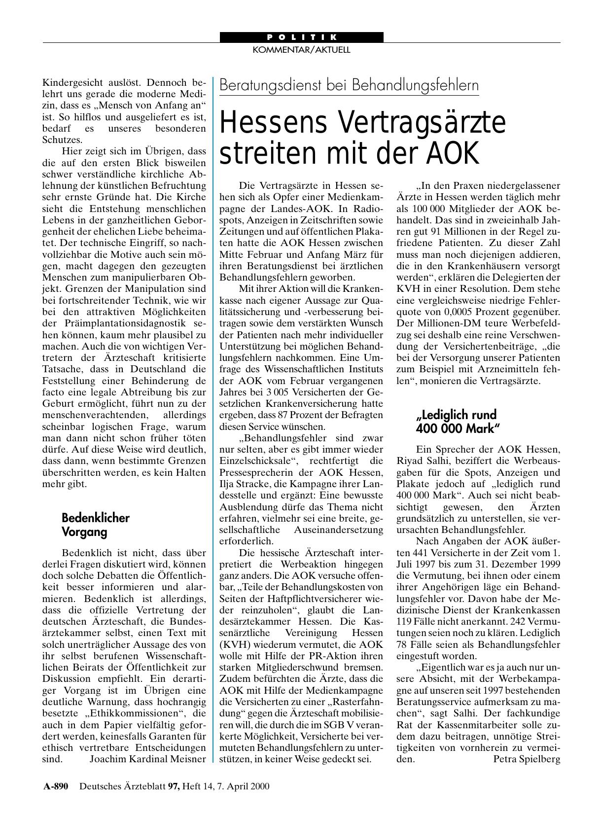 Vorschauseite 1: Beratungsdienst bei Behandlungsfehlern: Hessens Vertragsärzte streiten mit der AOK