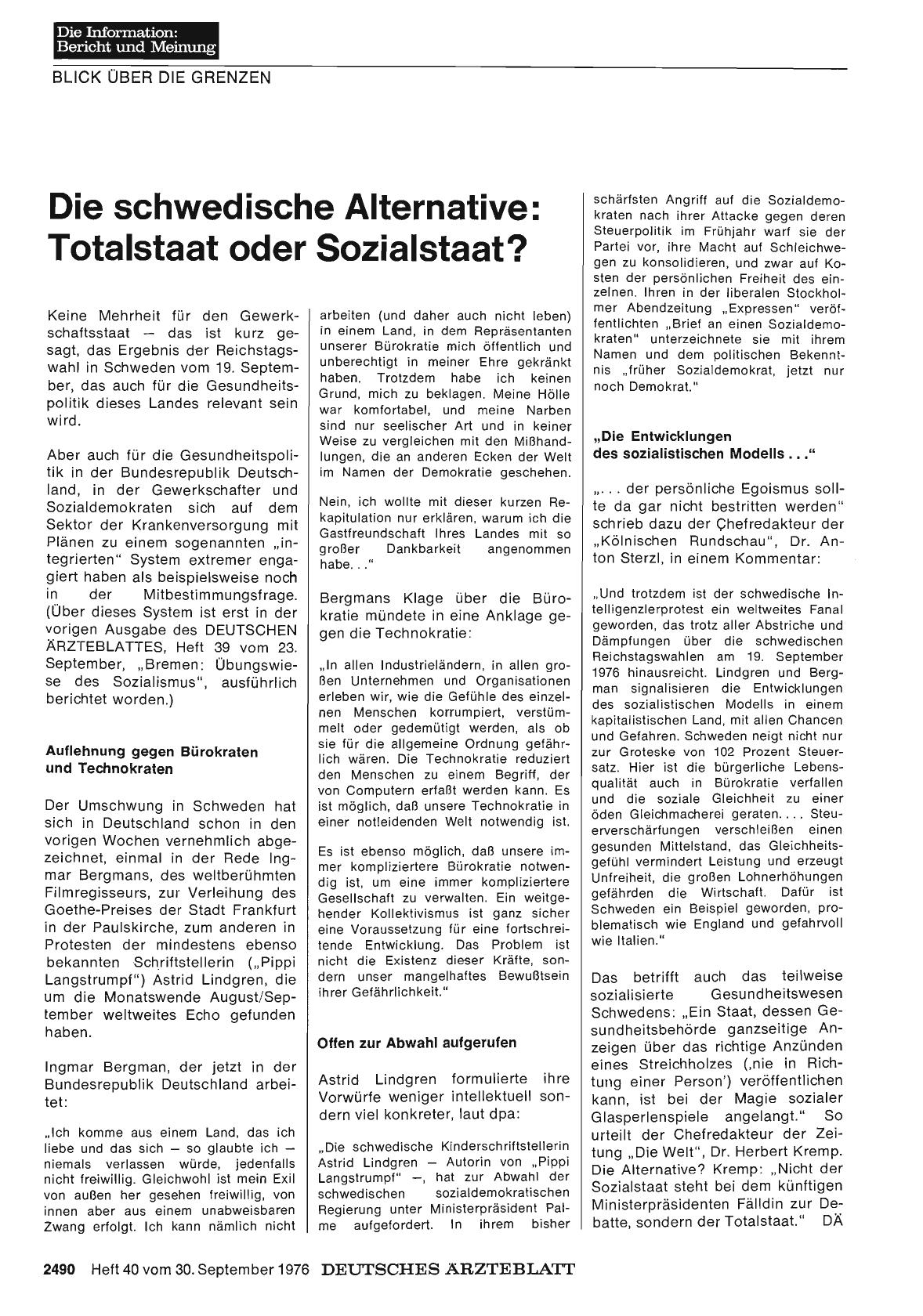 Vorschauseite 1: Die schwedische Alternative: Totalstaat oder Sozialstaat?