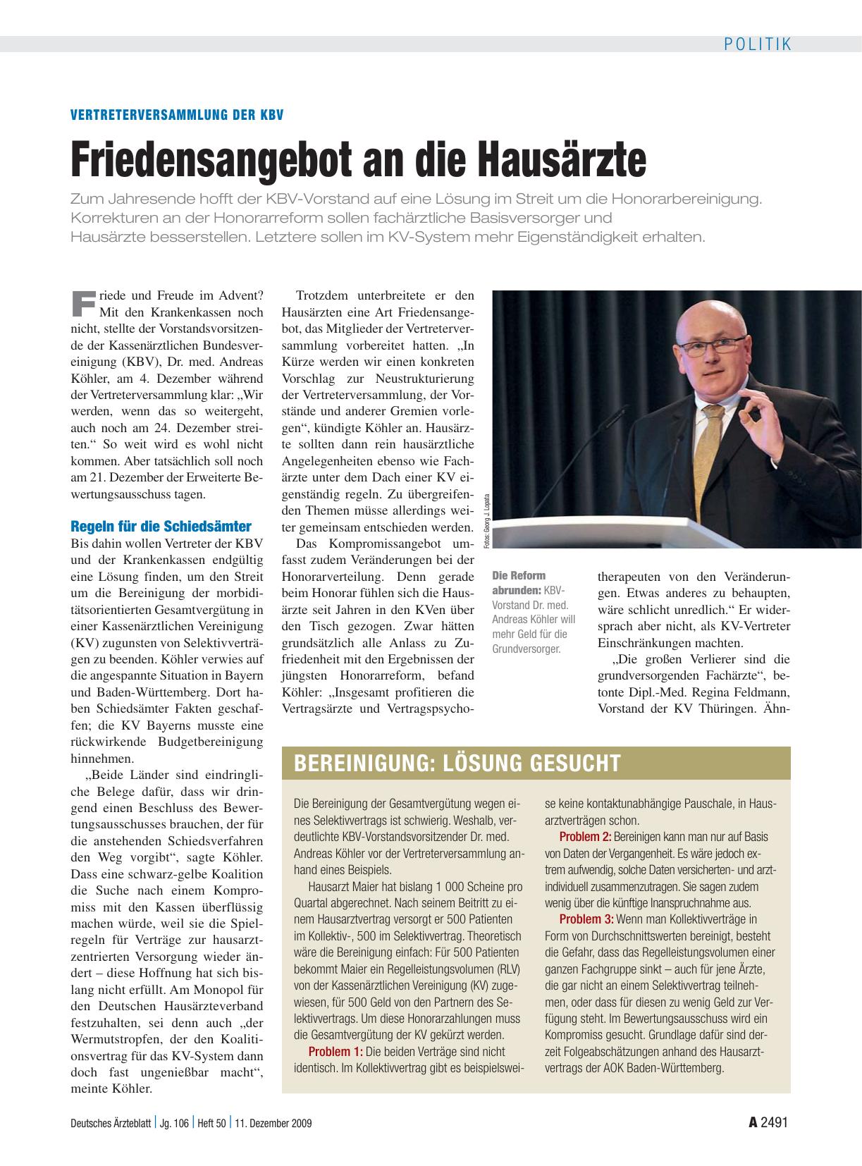 Vorschauseite 1: Vertreterversammlung der KBV: Friedensangebot an die Hausärzte