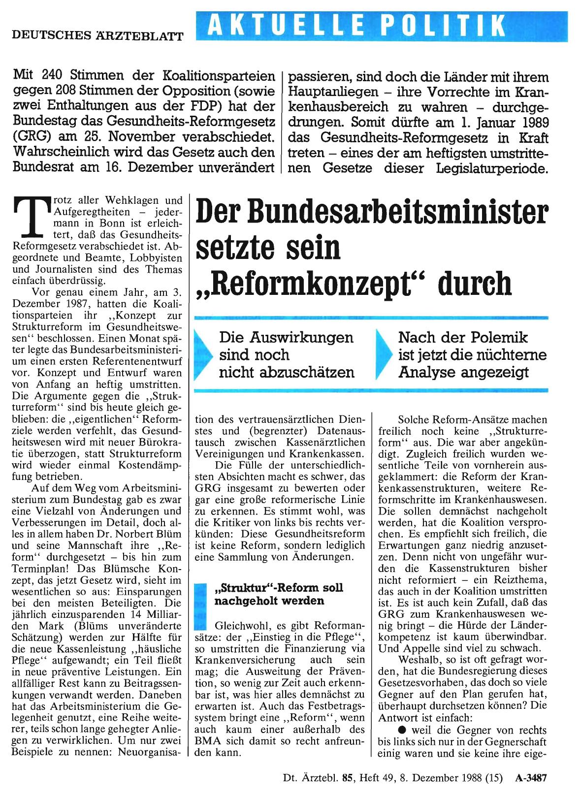 Vorschauseite 1: Der Bundesarbeitsminister setzte sein „Reformkonzept“ durch