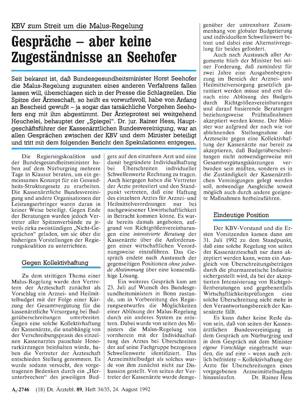 Vorschauseite 1: KBV zum Streit um die Malus-Regelung: Gespräche aber keine Zugeständnisse an Seehofer