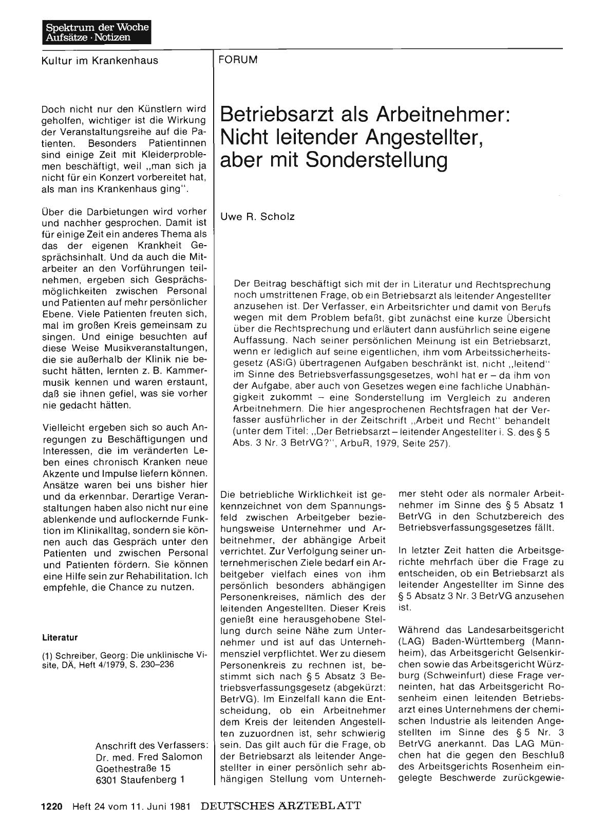 Vorschauseite 1: Betriebsarzt als Arbeitnehmer: Nicht leitender Angestellter, aber mit Sonderstellung