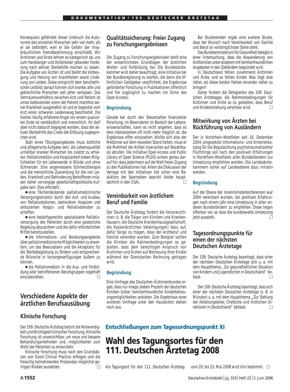Vorschauseite 1: Entschließungen zum Tagesordnungspunkt XI: Wahl des Tagungsortes für den 111. Deutschen Ärztetag 2008