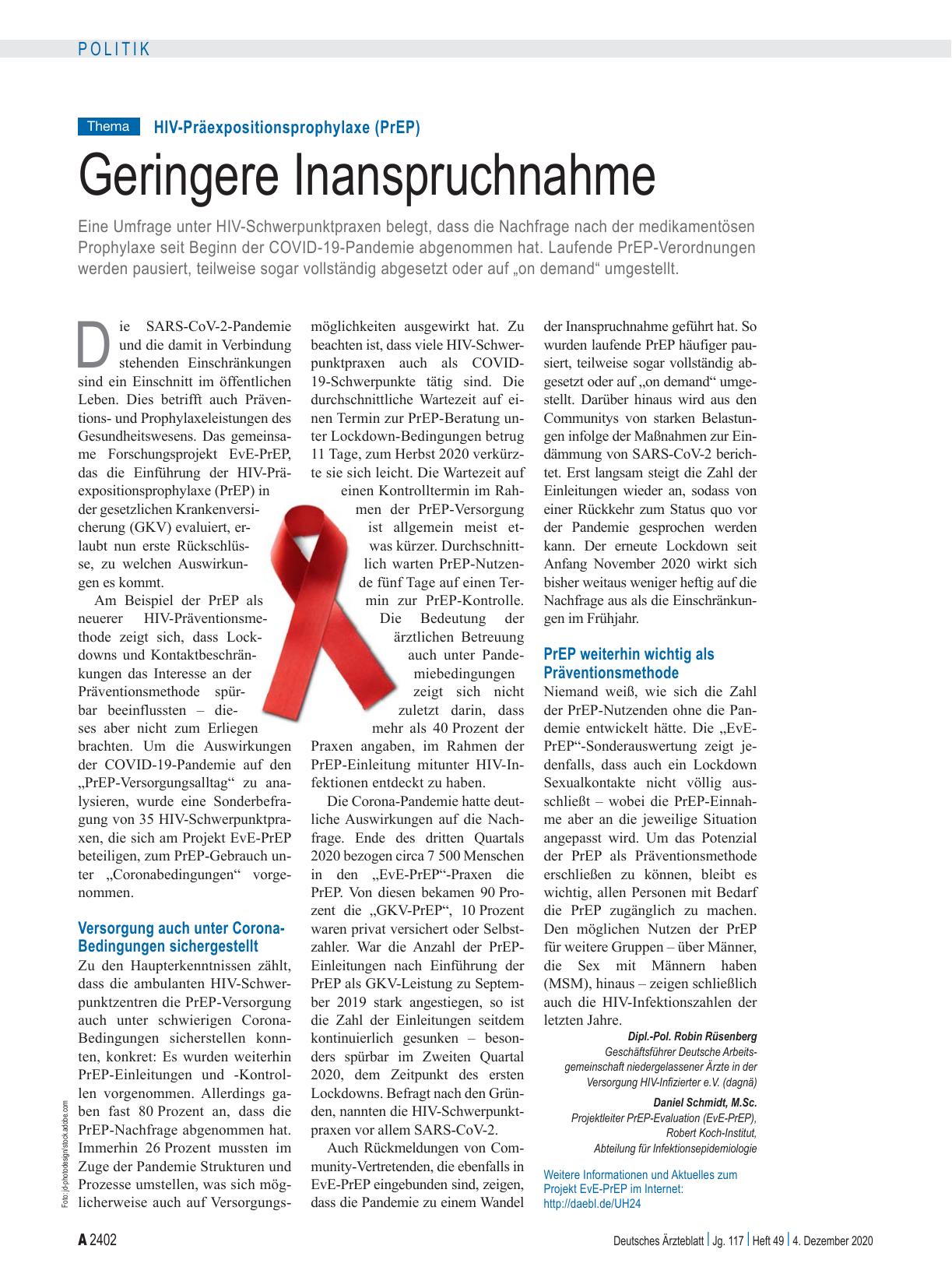 Vorschauseite 1: HIV-Präexpositionsprophylaxe (PrEP): Geringere Inanspruchnahme