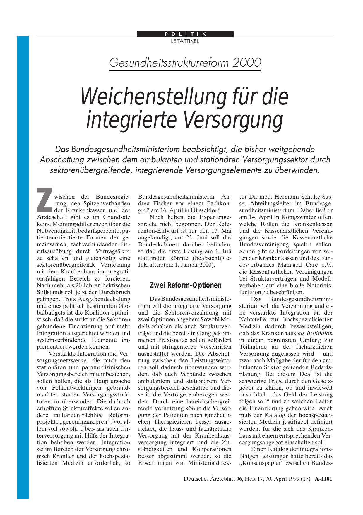 Vorschauseite 1: Gesundheitsstrukturreform 2000: Weichenstellung für die integrierte Versorgung