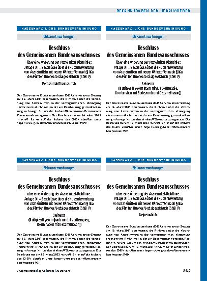 Vorschauseite 1: Beschluss des Gemeinsamen Bundesausschusses über eine Änderung der Arzneimittel-Richtlinie: Selinexor (Multiples Myelom [nach mind. 4 Vortherapien, Kombination mit Dexamethason])