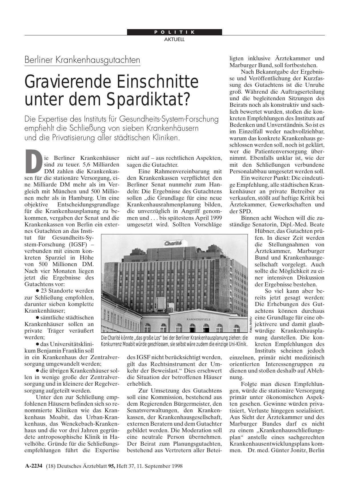 Vorschauseite 1: Berliner Krankenhausgutachten: Gravierende Einschnitte unter dem Spardiktat?