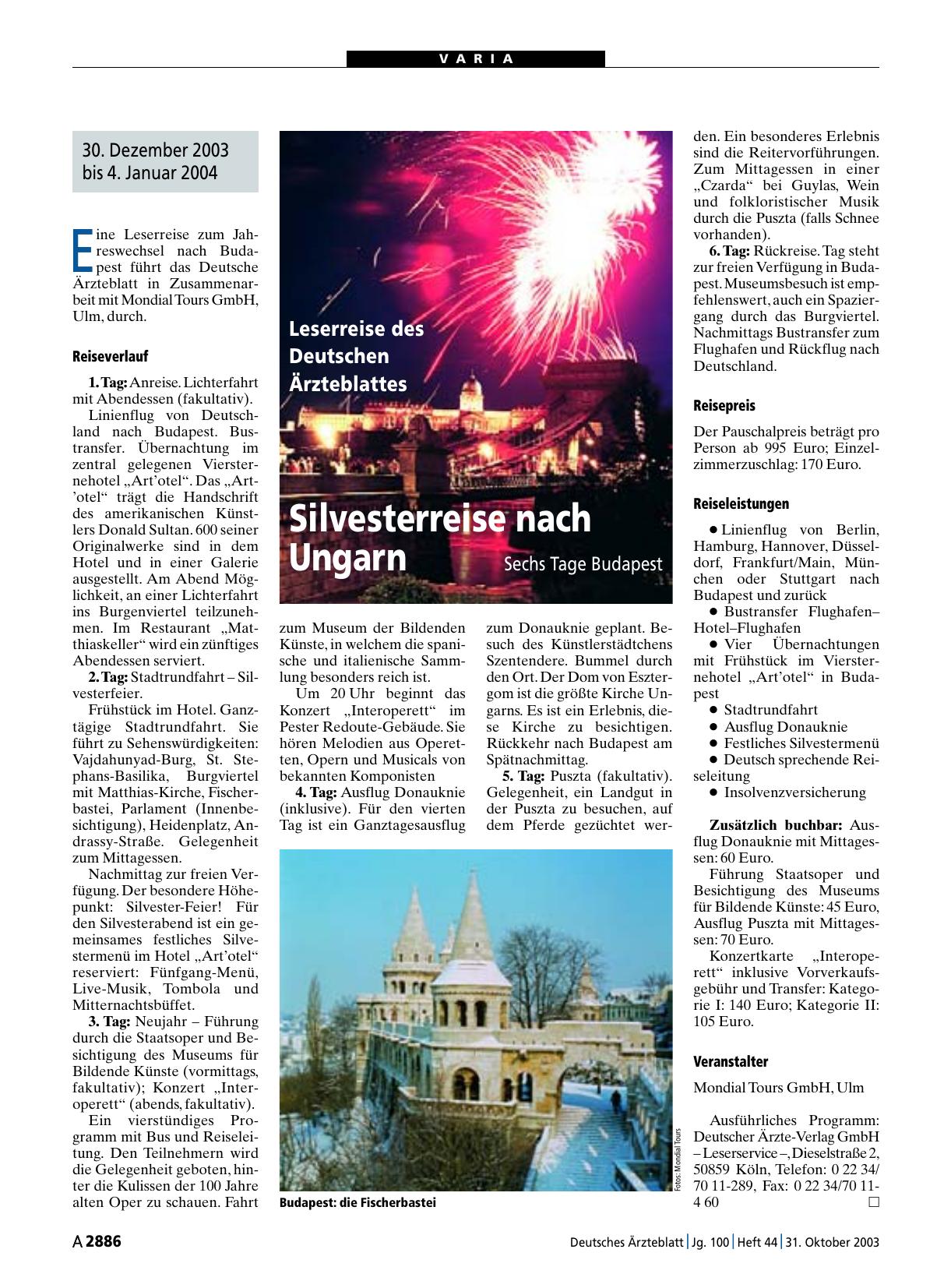 Vorschauseite 1: Leserreise des Deutschen Ärzteblattes: Silvesterreise nach Ungarn – Sechs Tage Budapest