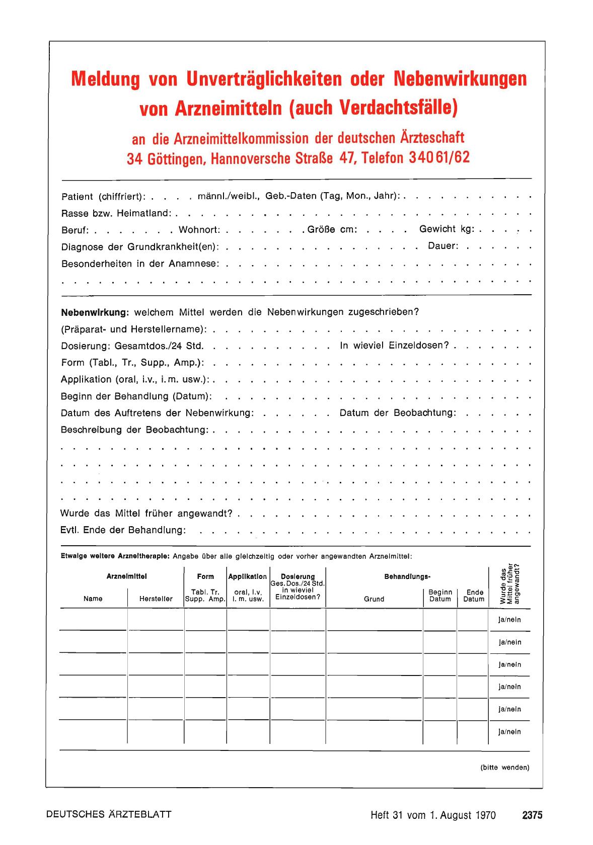 Vorschauseite 1: Meldung von Unverträglichkeiten oder Nebenwirkunge von Arzneimitteln (auch Verdachtsfälle)
