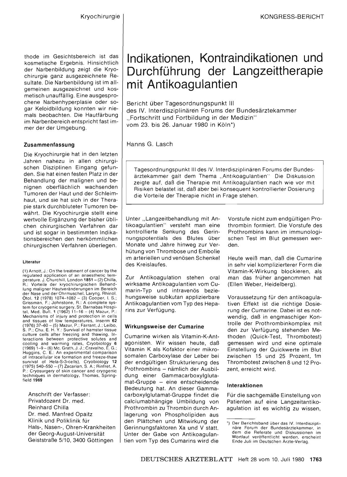 Vorschauseite 1: Indikationen, Kontraindikationen und Durchführung der Langzeittherapie mit Antikoagulantien