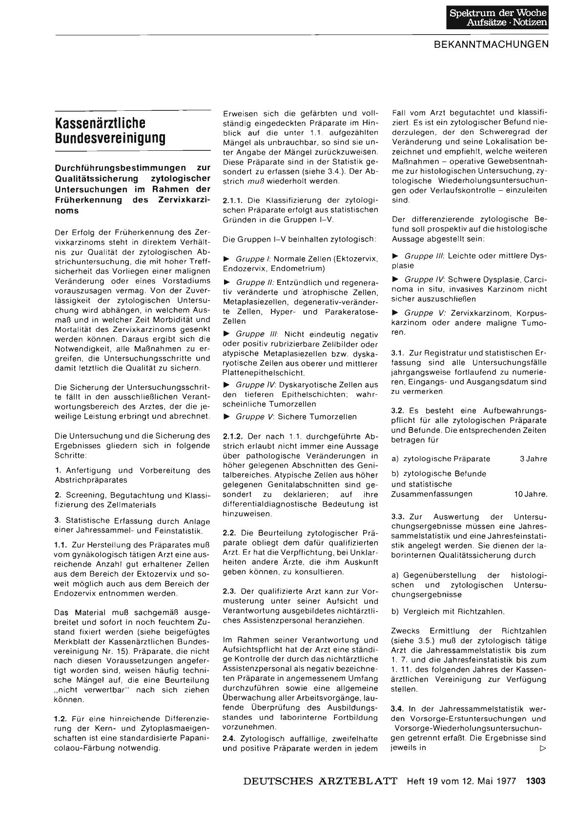 Vorschauseite 1: Kassenärztliche Bundesvereinigung: Durchführungsbestimmungen zur Qualitätssicherung zytologischer Untersuchungen im Rahmen der Früherkennung des Zervixkarzinoms