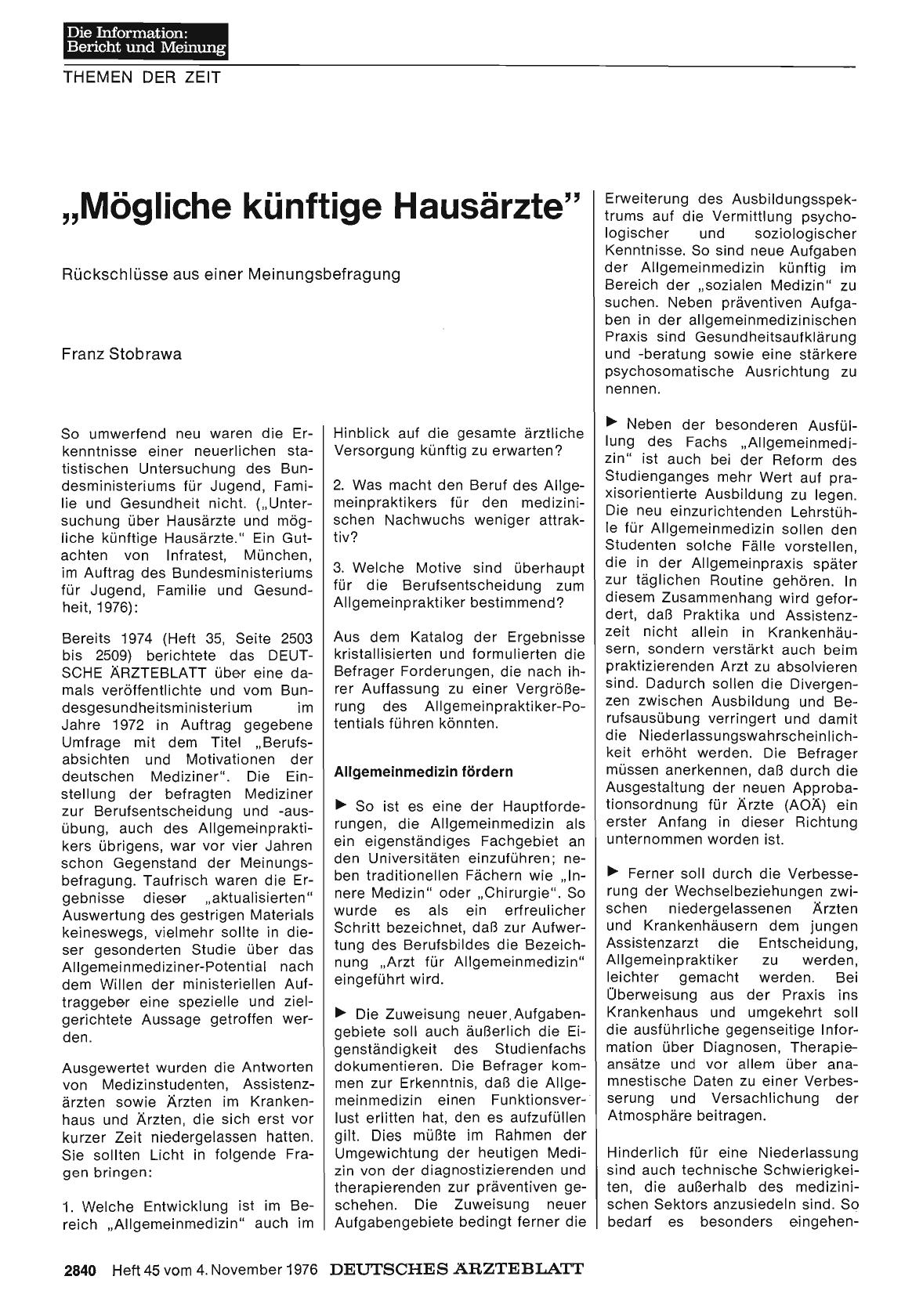 Vorschauseite 1: „Mögliche künftige Hausärzte„: Rückschlüsse aus einer Meinungsbefragung