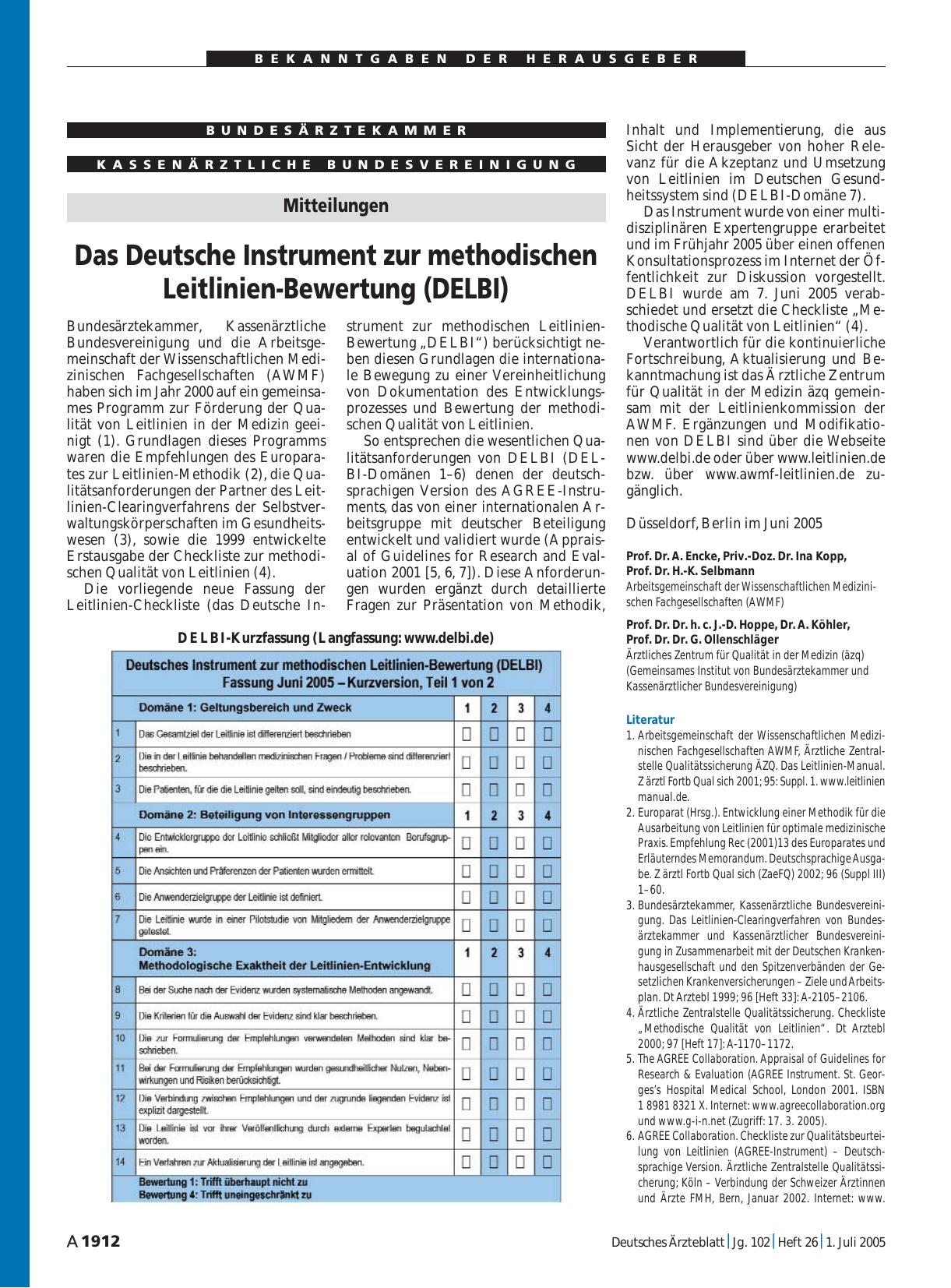 Vorschauseite 1: Mitteilungen: Das Deutsche Instrument zur methodischen Leitlinien-Bewertung (DELBI)