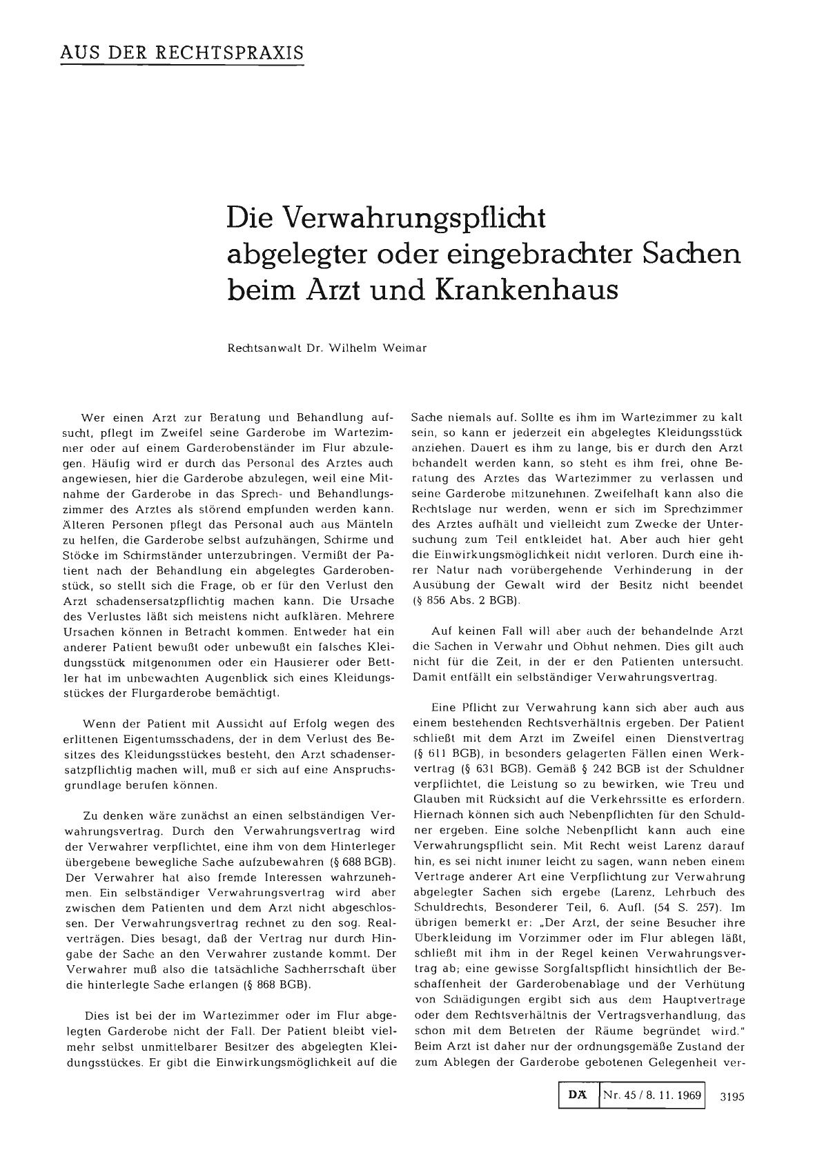 Vorschauseite 1: Die Verwahrungspflicht abgelegter oder eingebrachter Sachen beim Arzt und Krankenhaus