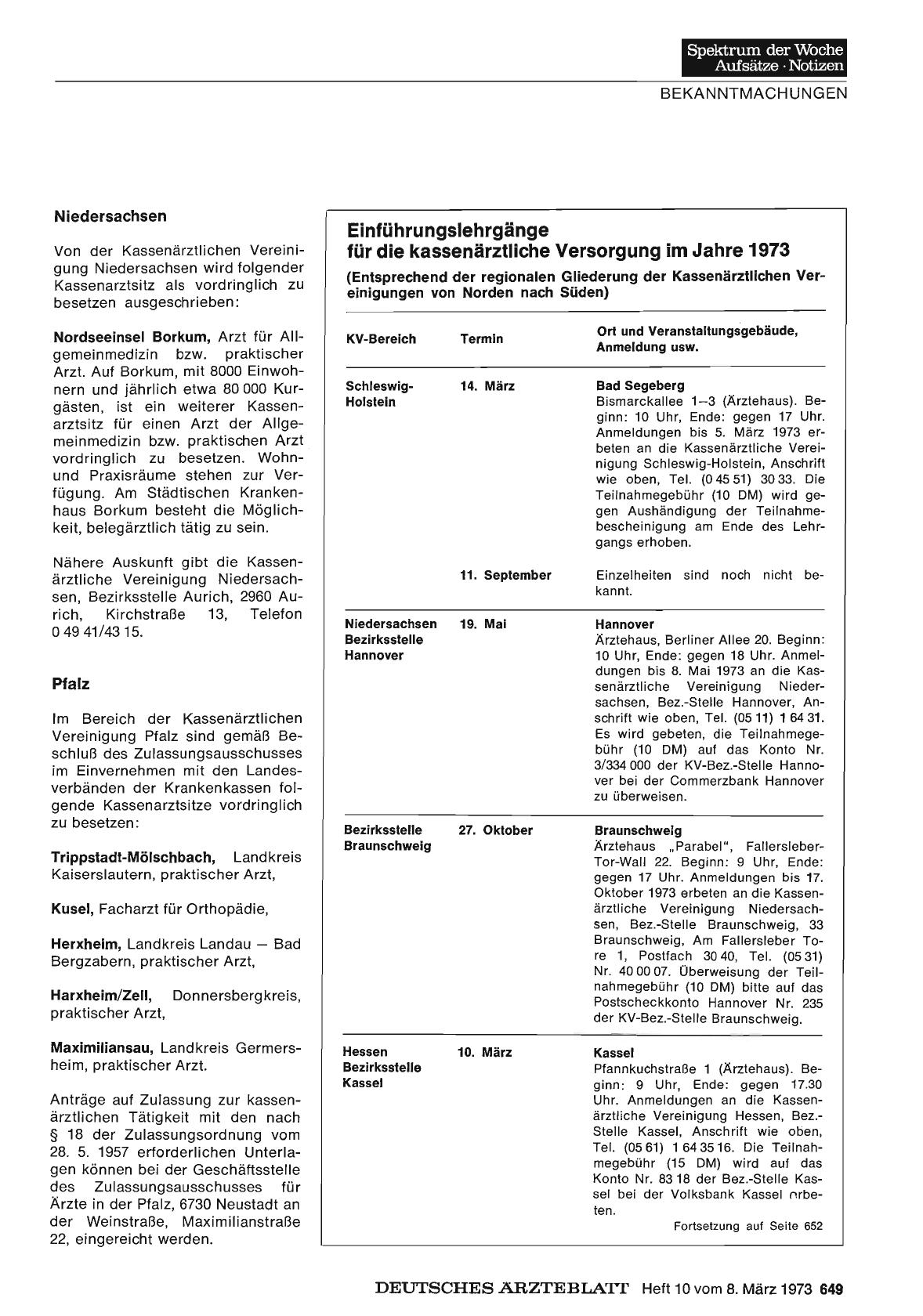 Vorschauseite 1: Einführungslehrgänge für die kassenärztliche Versorgung im Jahre 1973