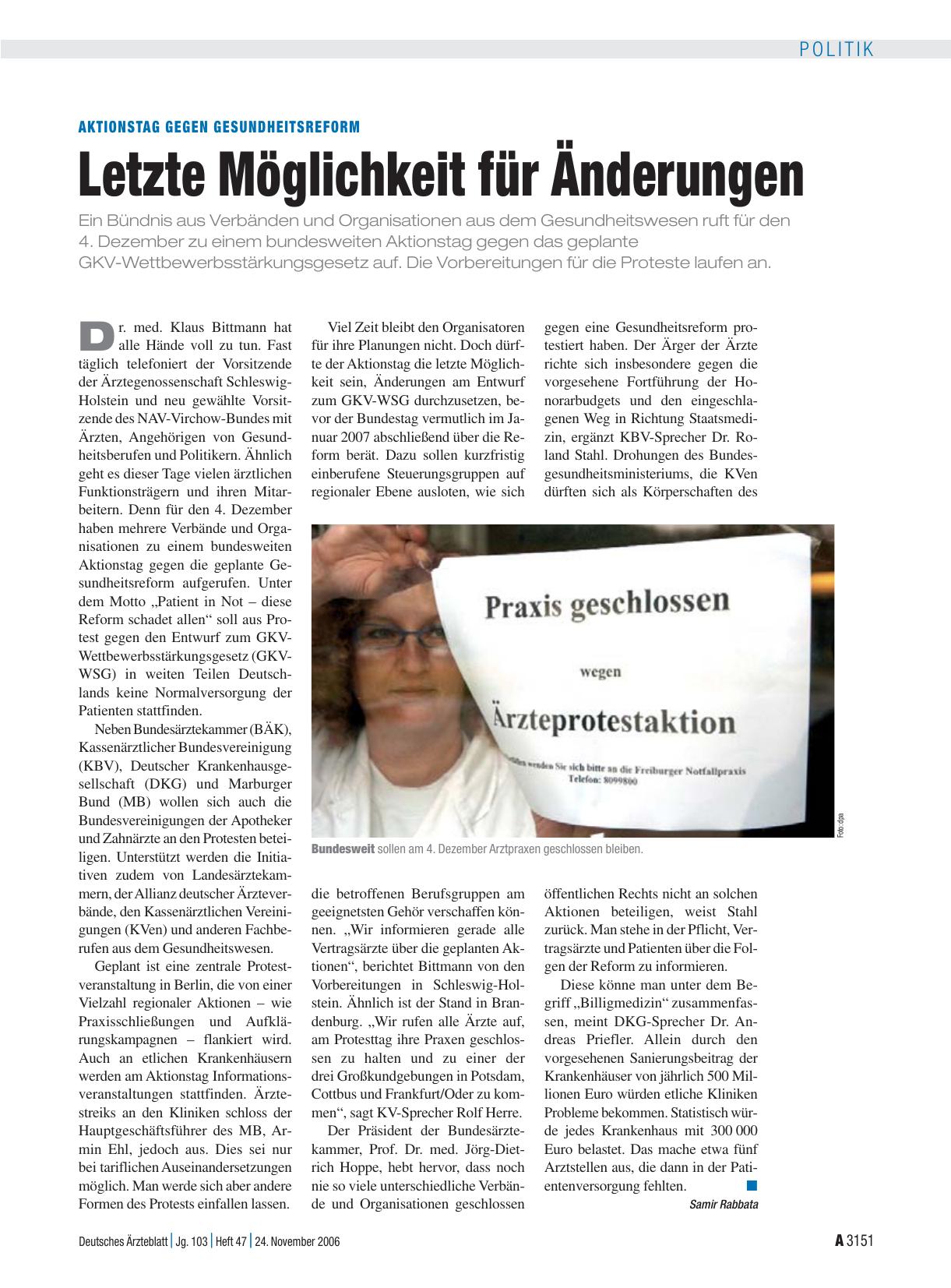 Vorschauseite 1: Aktionstag gegen Gesundheitsreform: Letzte Möglichkeit für Änderungen