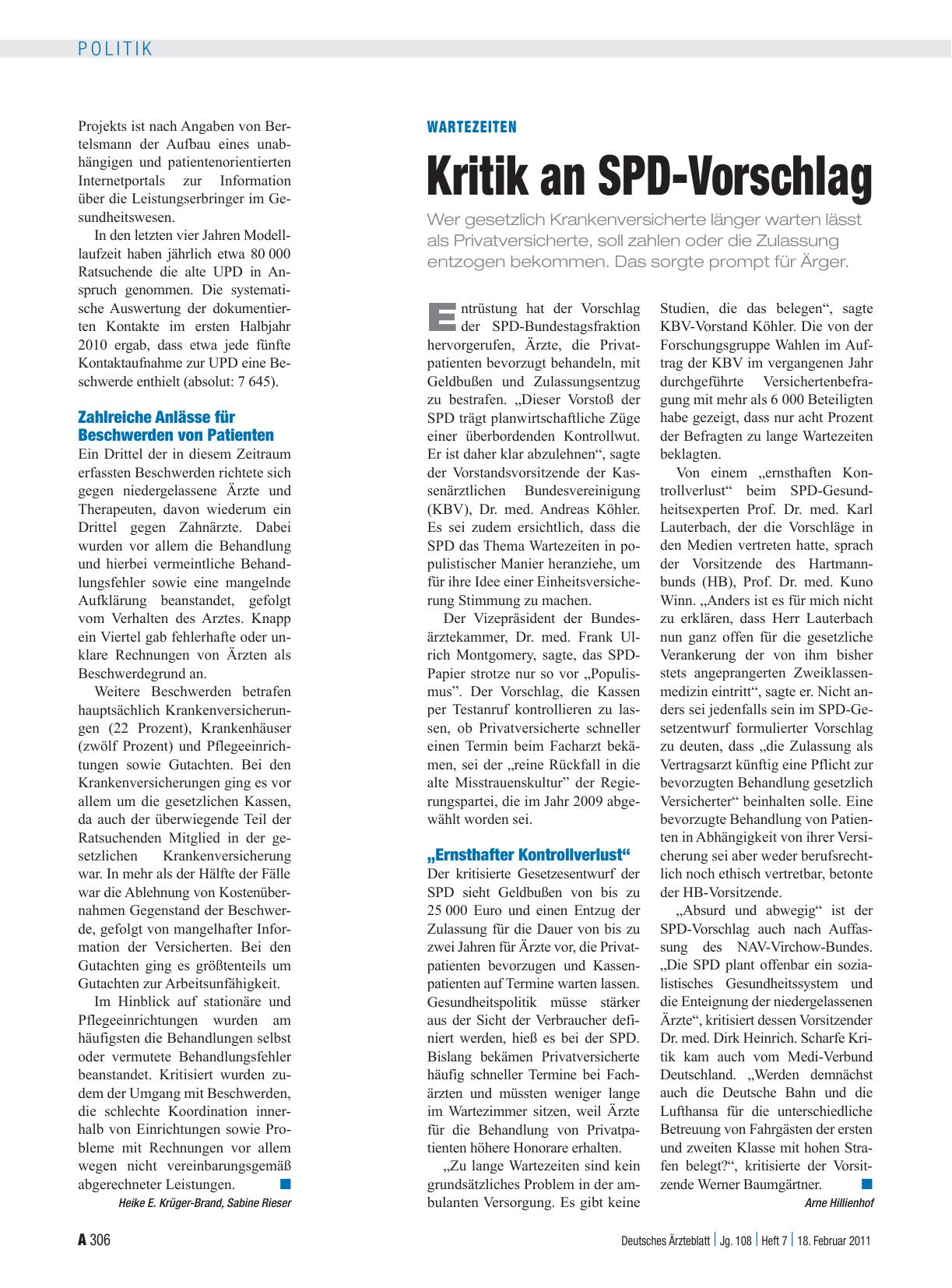 Vorschauseite 1: Wartezeiten: Kritik an SPD-Vorschlag