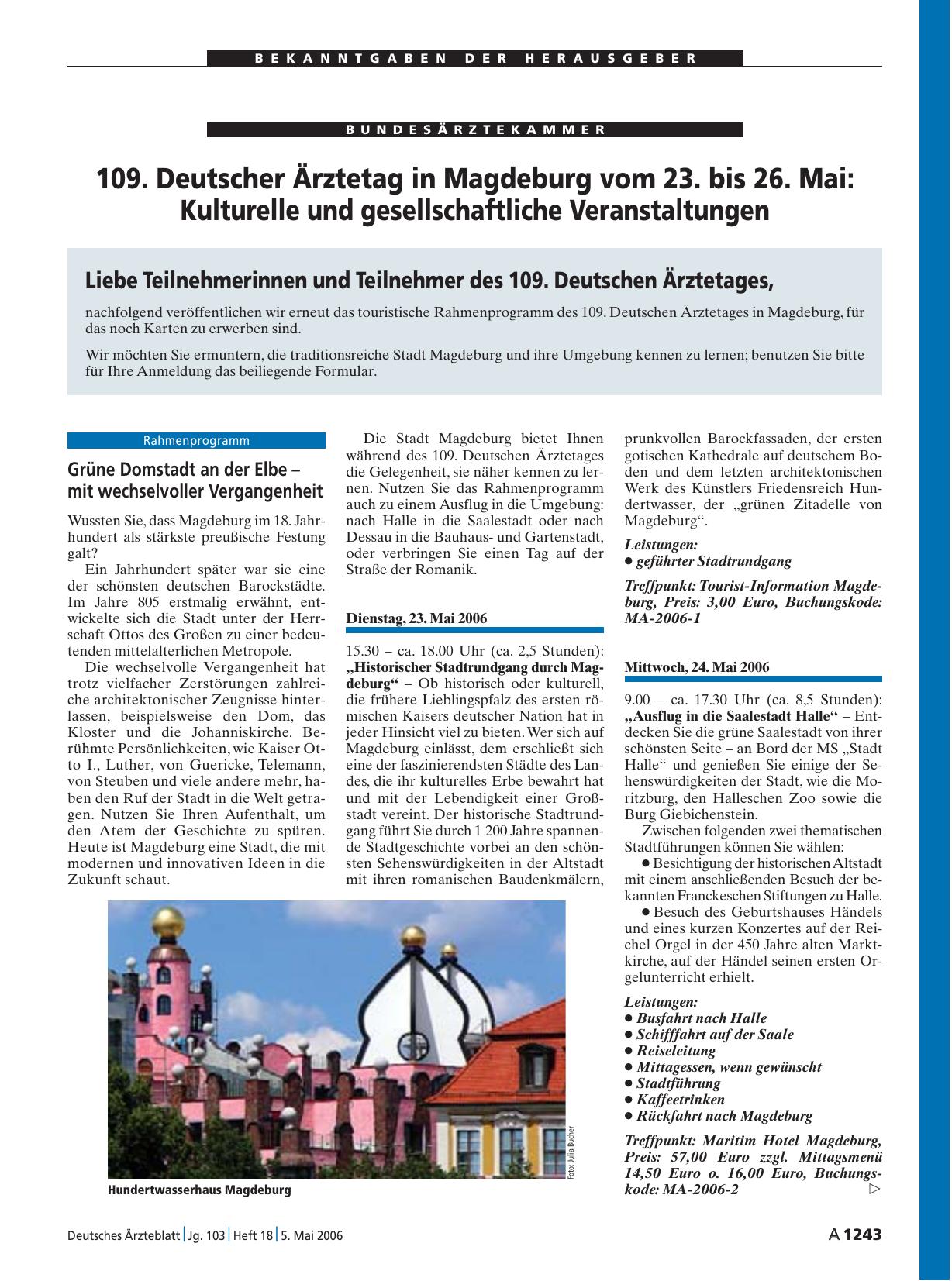 Vorschauseite 1: 109. Deutscher Ärztetag in Magdeburg vom 23. bis 26. Mai: Kulturelle und gesellschaftliche Veranstaltungen