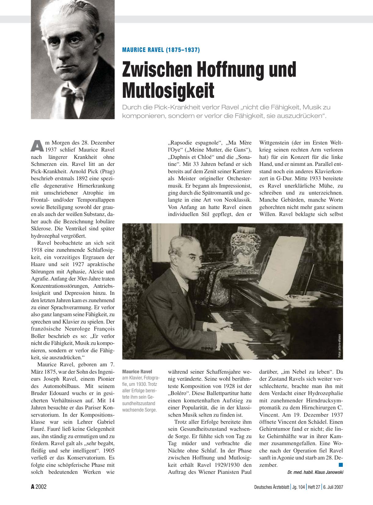 Vorschauseite 1: Maurice Ravel (1875 – 1937): Zwischen Hoffnung und Mutlosigkeit