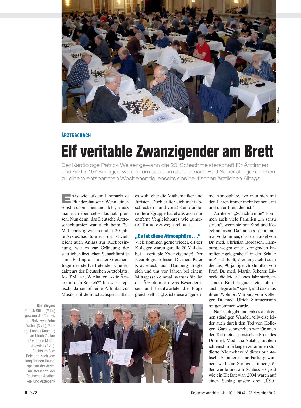 Vorschauseite 1: Ärzteschach: Elf veritable Zwanzigender am Brett