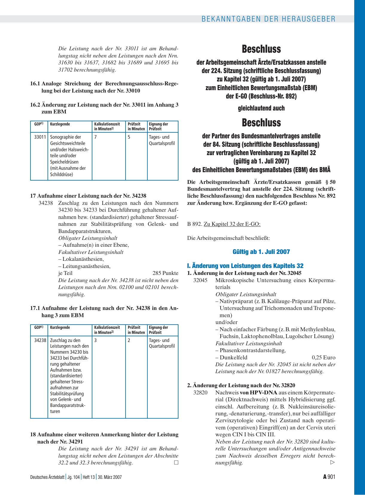 Vorschauseite 1: Beschluss der Arbeitsgemeinschaft Ärzte/Ersatzkassen anstelle der 224. Sitzung (schriftliche Beschlussfassung) zu Kapitel 32 (gültig ab 1. Juli 2007) zum Einheitlichen Bewertungsm…