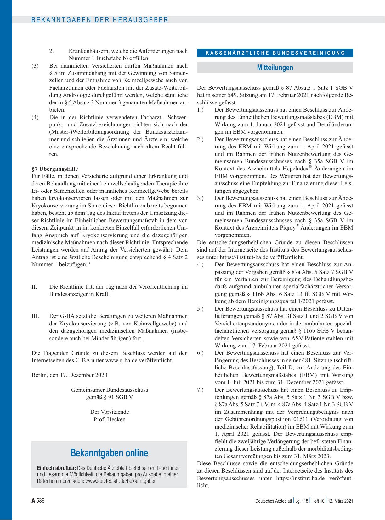 Vorschauseite 1: Beschluss des Bewertungsausschusses nach § 87 Abs. 1 Satz 1 SGB V in seiner 549. Sitzung am 17. Februar 2021 zur Änderung des Einheitlichen Bewertungsmaßstabes (EBM)