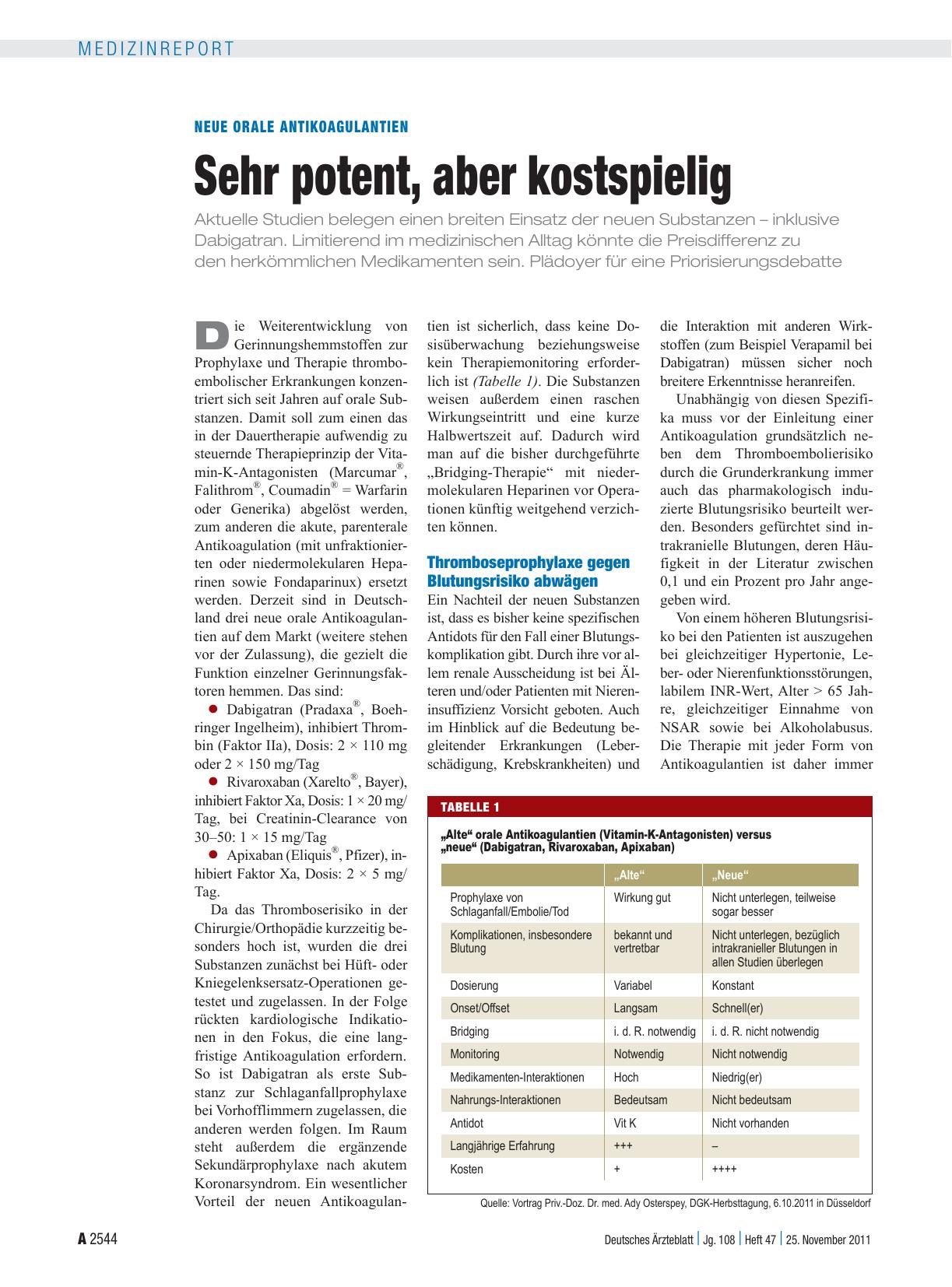 Vorschauseite 1: Neue Orale Antikoagulantien: Sehr potent, aber kostspielig