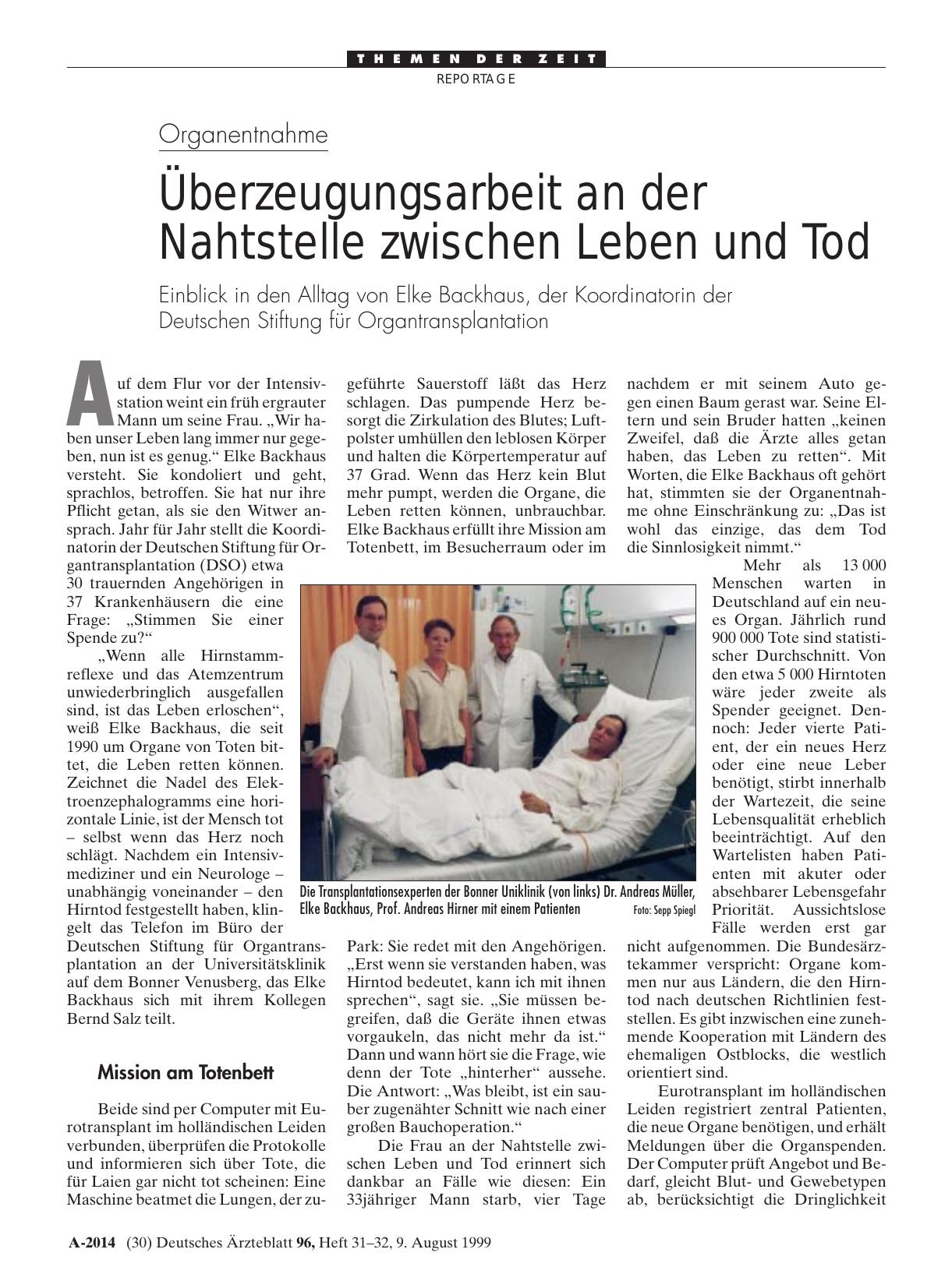 Vorschauseite 1: Organentnahme: Überzeugungsarbeit an der Nahtstelle zwischen Leben und Tod