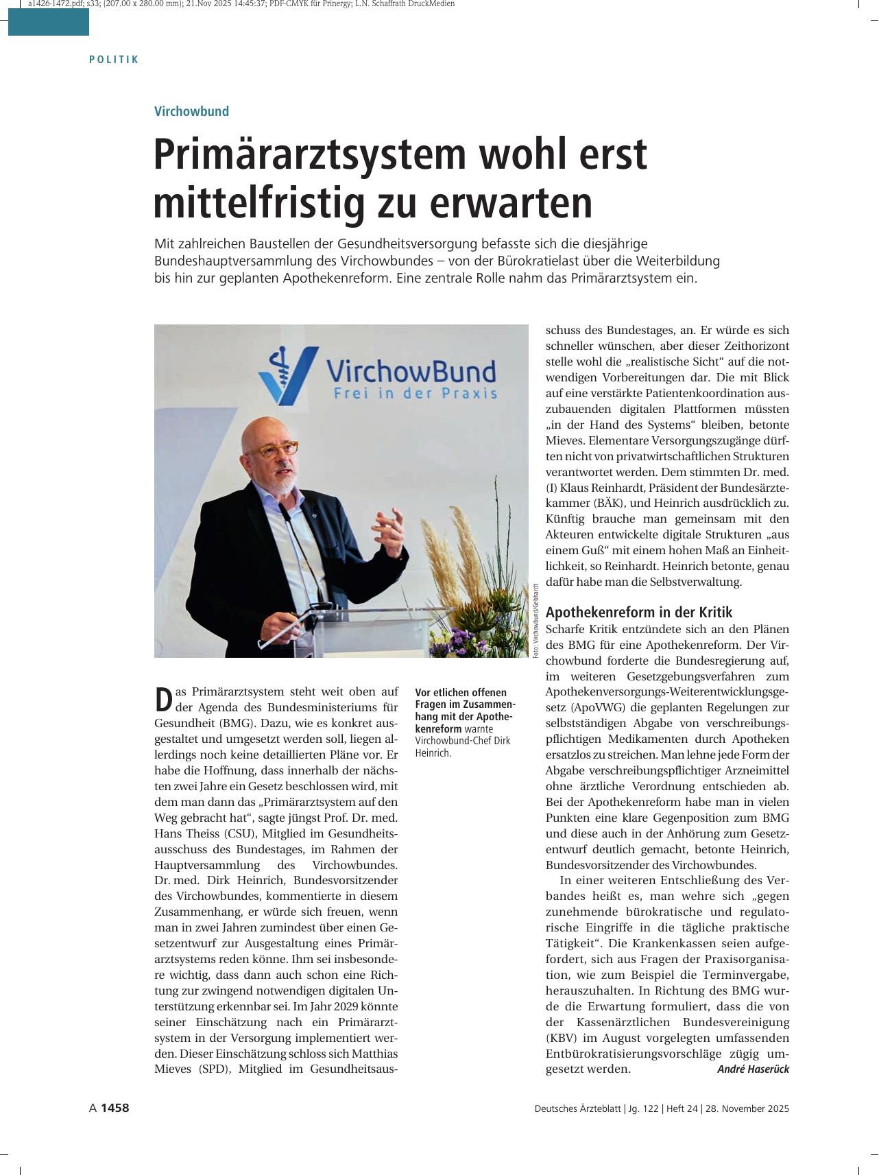 Vorschauseite 1: Virchowbund: Primärarztsystem wohl erst mittelfristig zu erwarten
