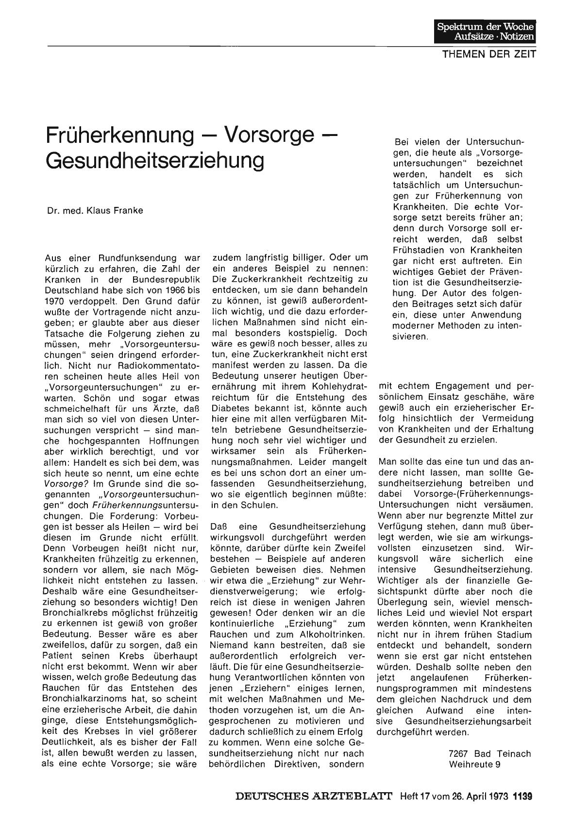 Vorschauseite 1: Früherkennung — Vorsorge — Gesundheitserziehung