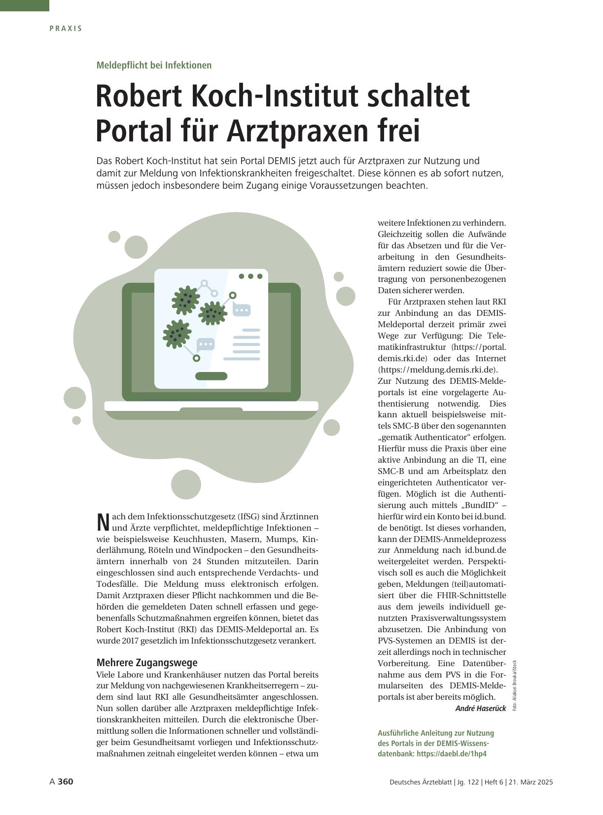 Vorschauseite 1: Meldepflicht bei Infektionen: Robert Koch-Institut schaltet Portal für Arztpraxen frei