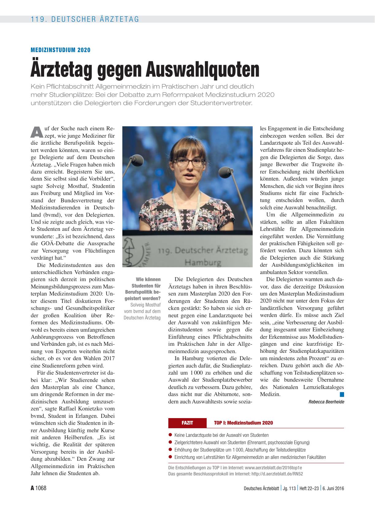 Vorschauseite 1: Medizinstudium 2020: Ärztetag gegen Auswahlquoten