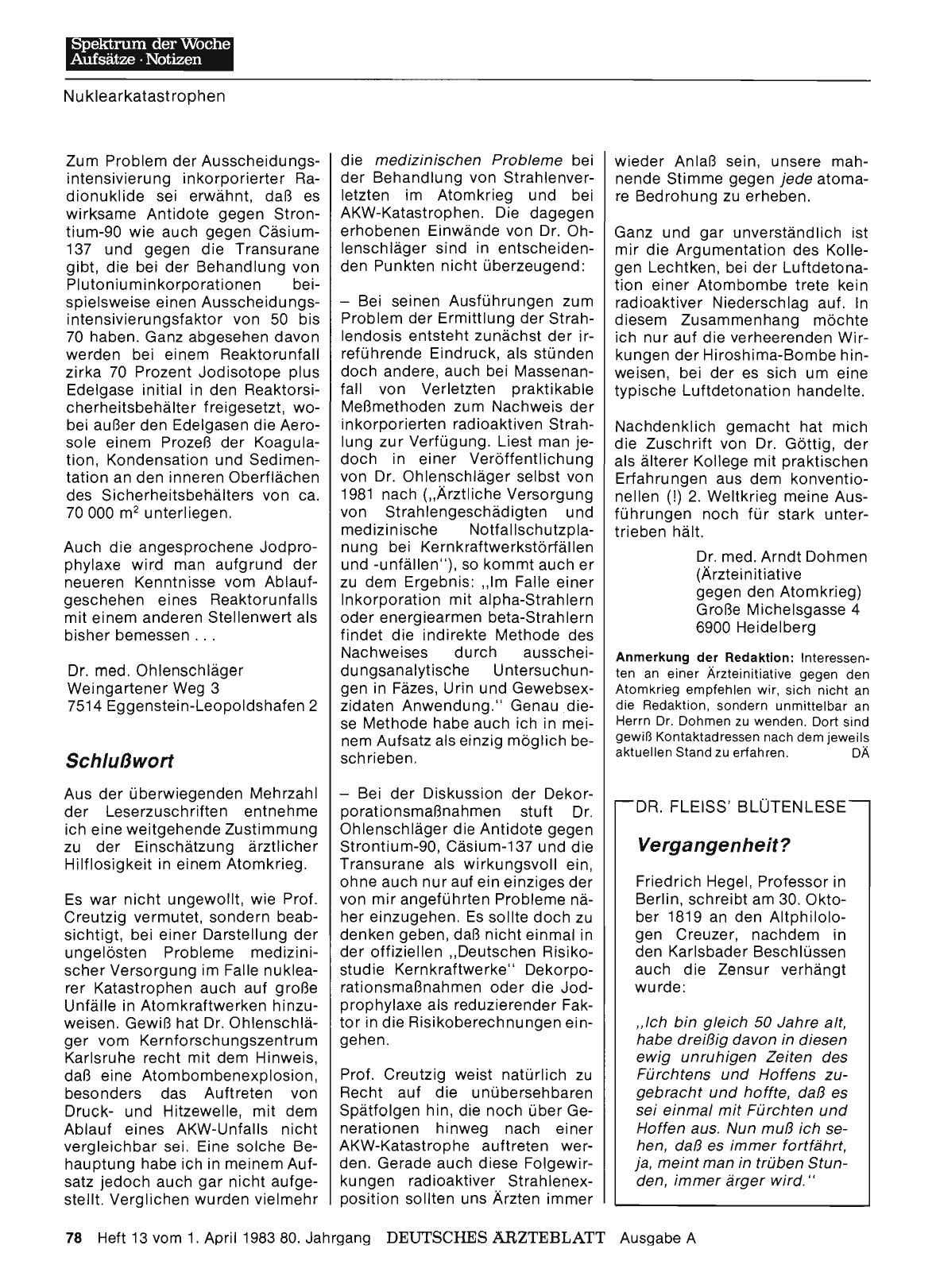 Vorschauseite 1: Probleme der medizinischen Versorgung bei nuklearen Katastrophen: Schlußwort