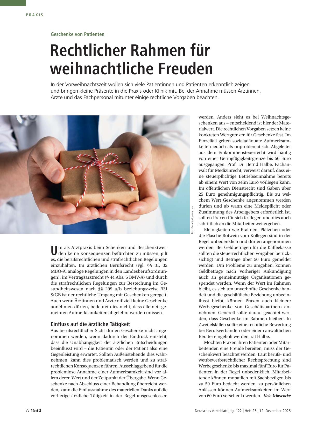 Vorschauseite 1: Geschenke von Patienten: Rechtlicher Rahmen für weihnachtliche Freuden