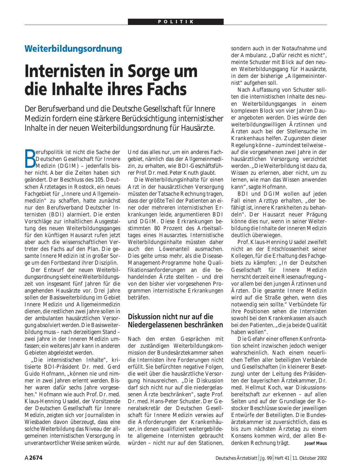 Vorschauseite 1: Weiterbildungsordnung: Internisten in Sorge um die Inhalte ihres Fachs