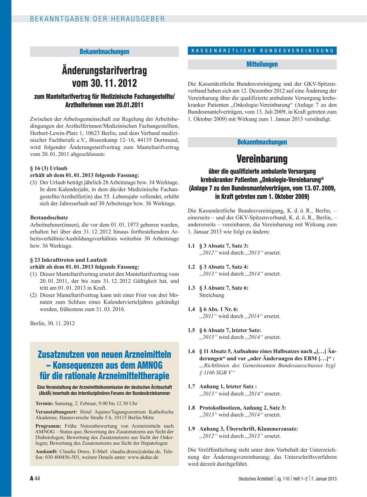 Vorschauseite 1: Änderungstarifvertrag vom 30. 11. 2012 zum Manteltarifvertrag für Medizinische Fachangestellte/Arzthelferinnen vom 20. 01. 2011