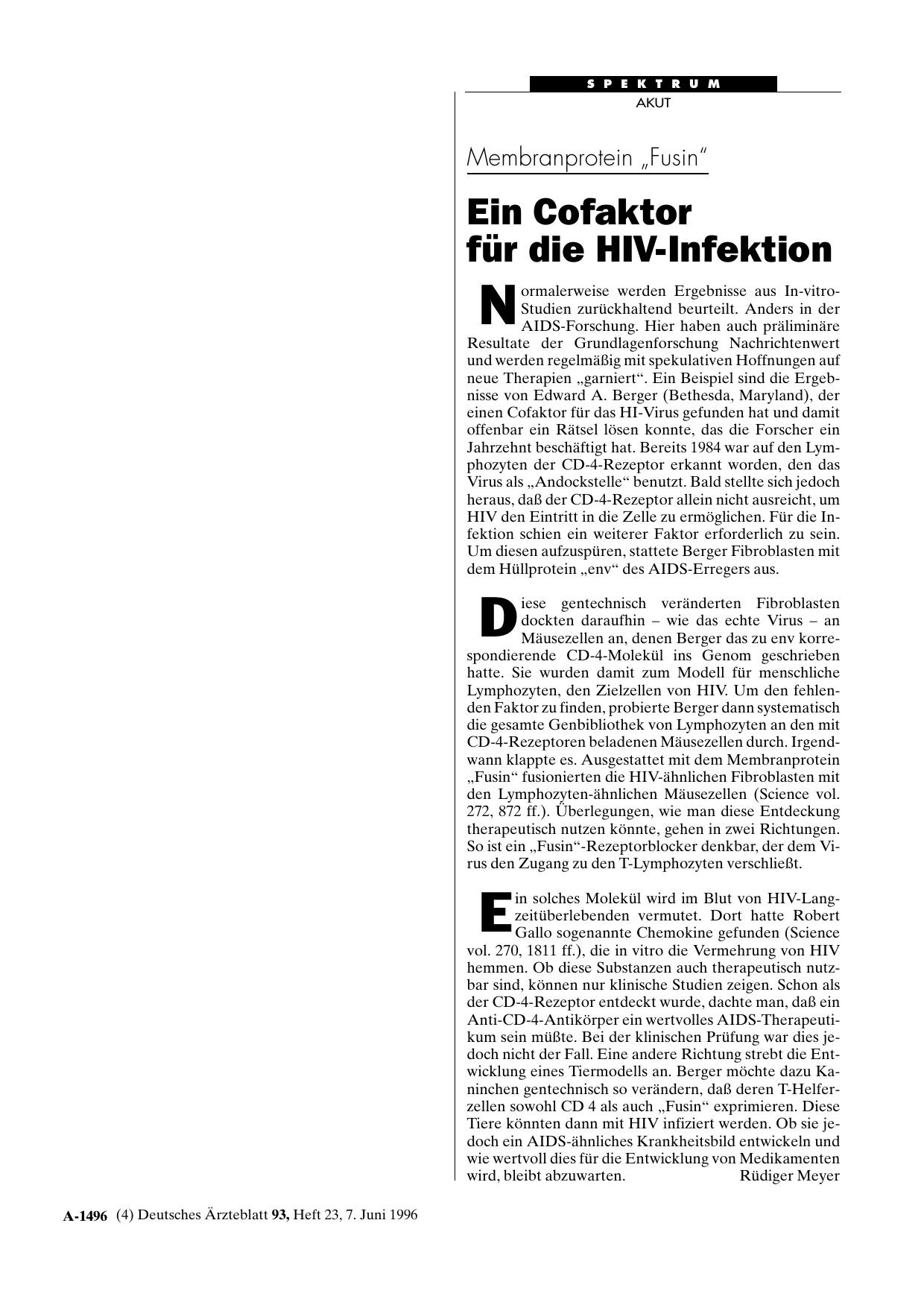Vorschauseite 1: Membranprotein „Fusin“: Ein Cofaktor für die HIV-Infektion