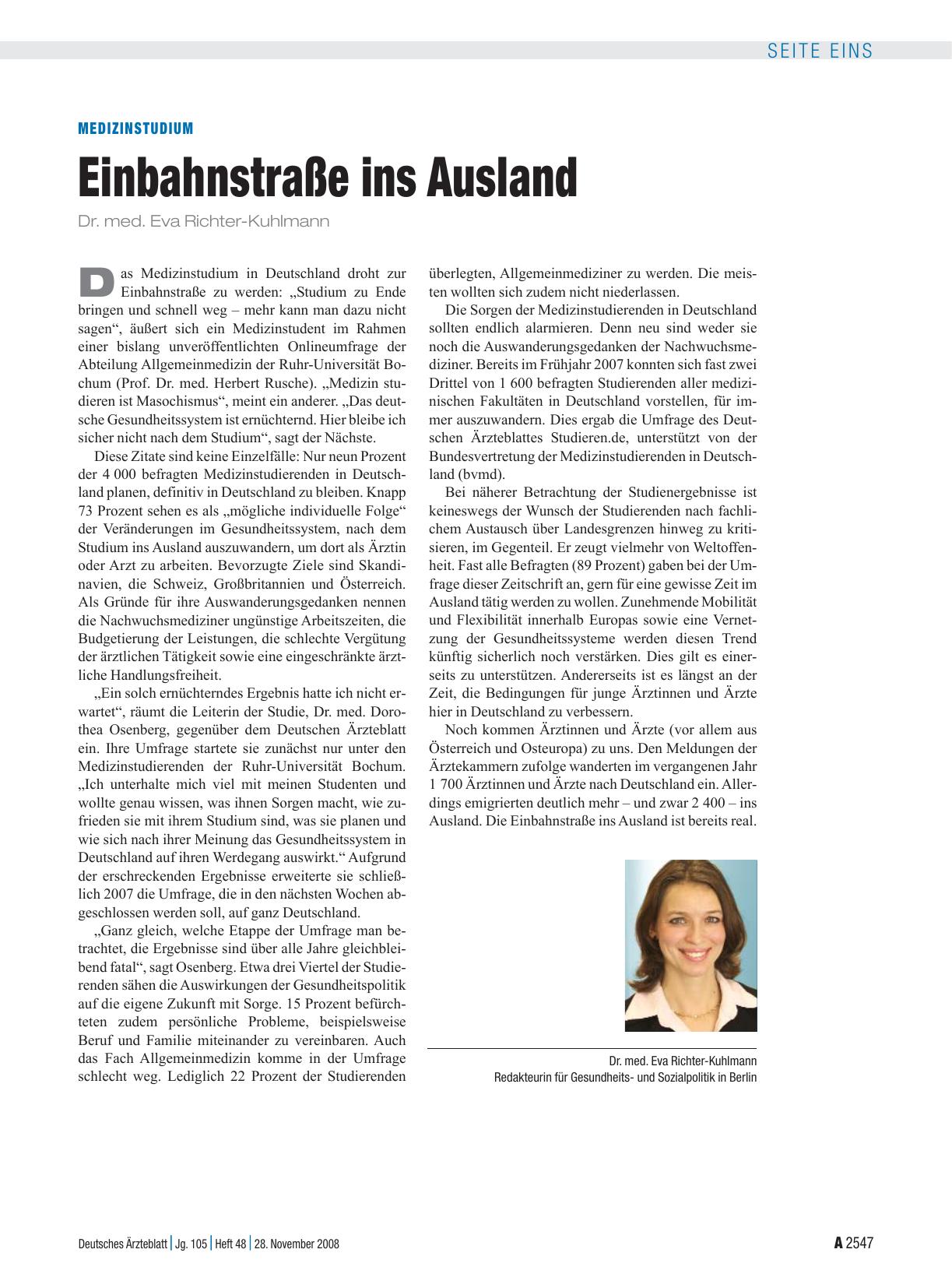 Vorschauseite 1: Medizinstudium: Einbahnstraße ins Ausland