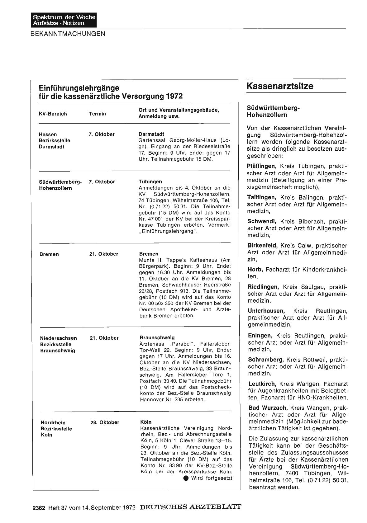 Vorschauseite 1: Einführungslehrgänge für die kassenärztliche Versorgung 1972