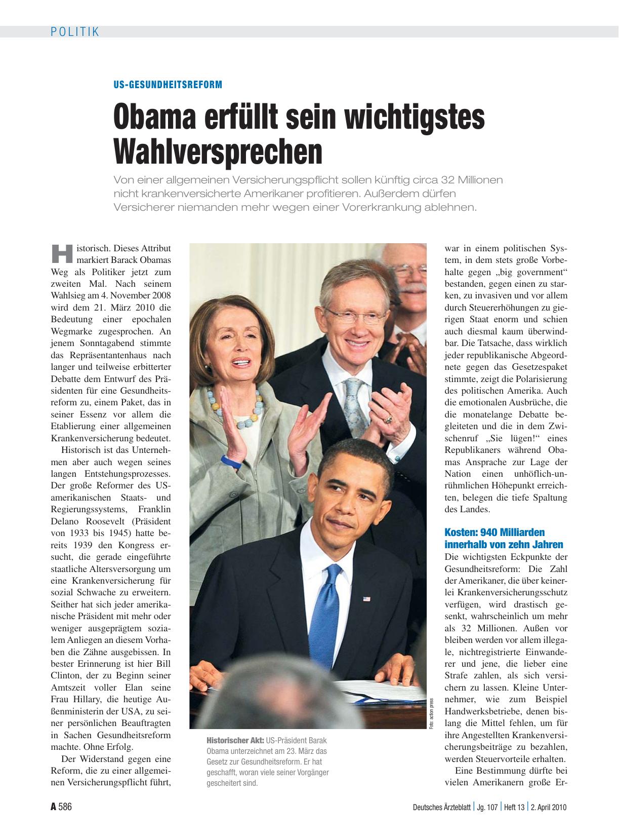 Vorschauseite 1: US-Gesundheitsreform: Obama erfüllt sein wichtigstes Wahlversprechen